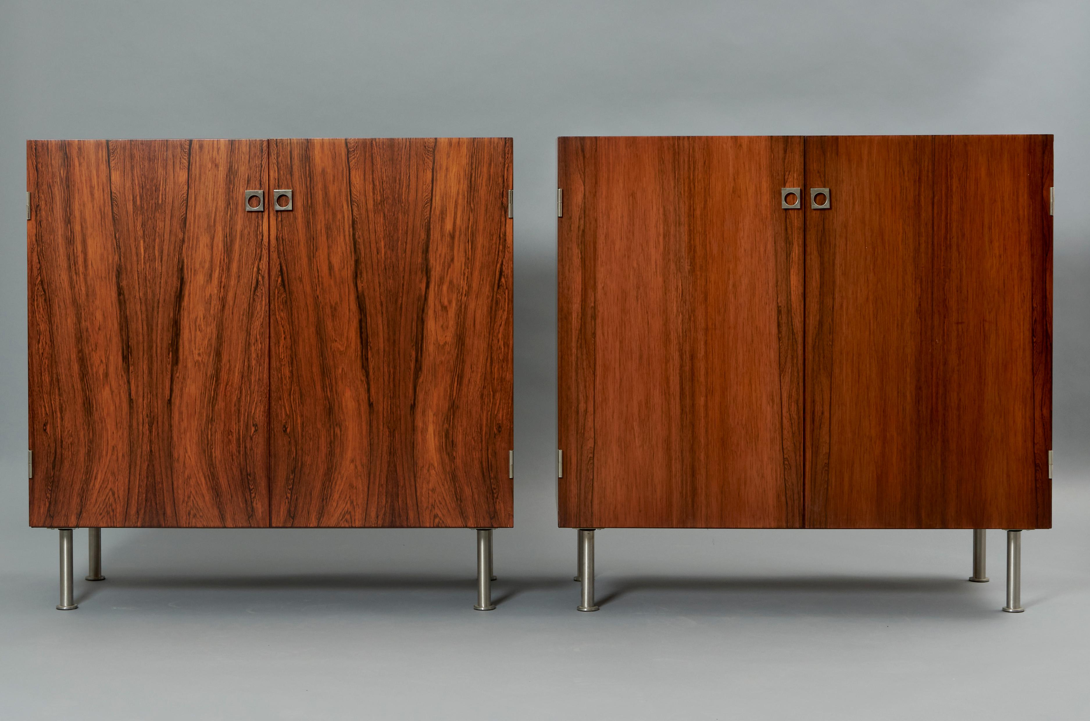 Pair of sideboards in rosewood with steel details produced by Sibast. Denmark, 1960s
Unknown designer, probably Arne Vodder who designed multiple models for the company using his characteristic materials and detailing such as those steel handles.