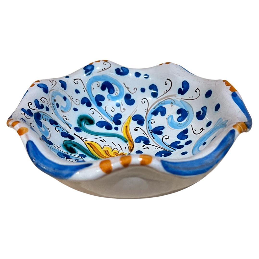 1960s Sicilian Hand Painted Blue Dish Art Pottery Caltagirone Italy For Sale