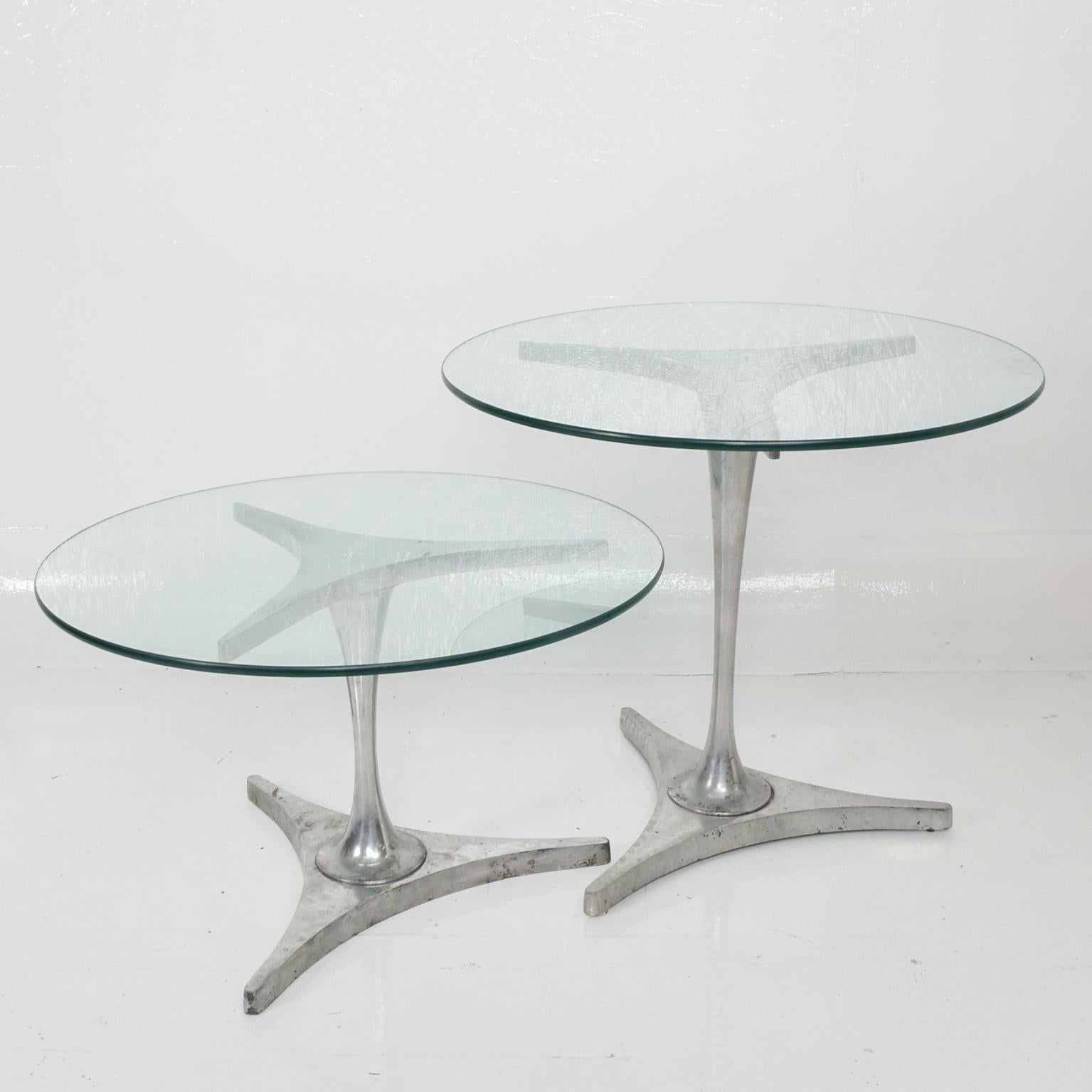 1960s Side Nesting Round Glass Tables in Aluminum Mod Star Trek Triangular Base 1