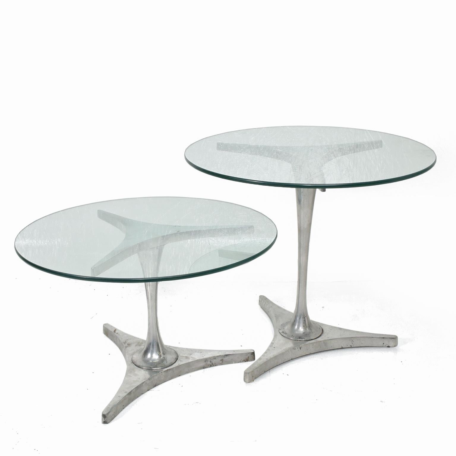 1960s Side Nesting Round Glass Tables in Aluminum Mod Star Trek Triangular Base 2