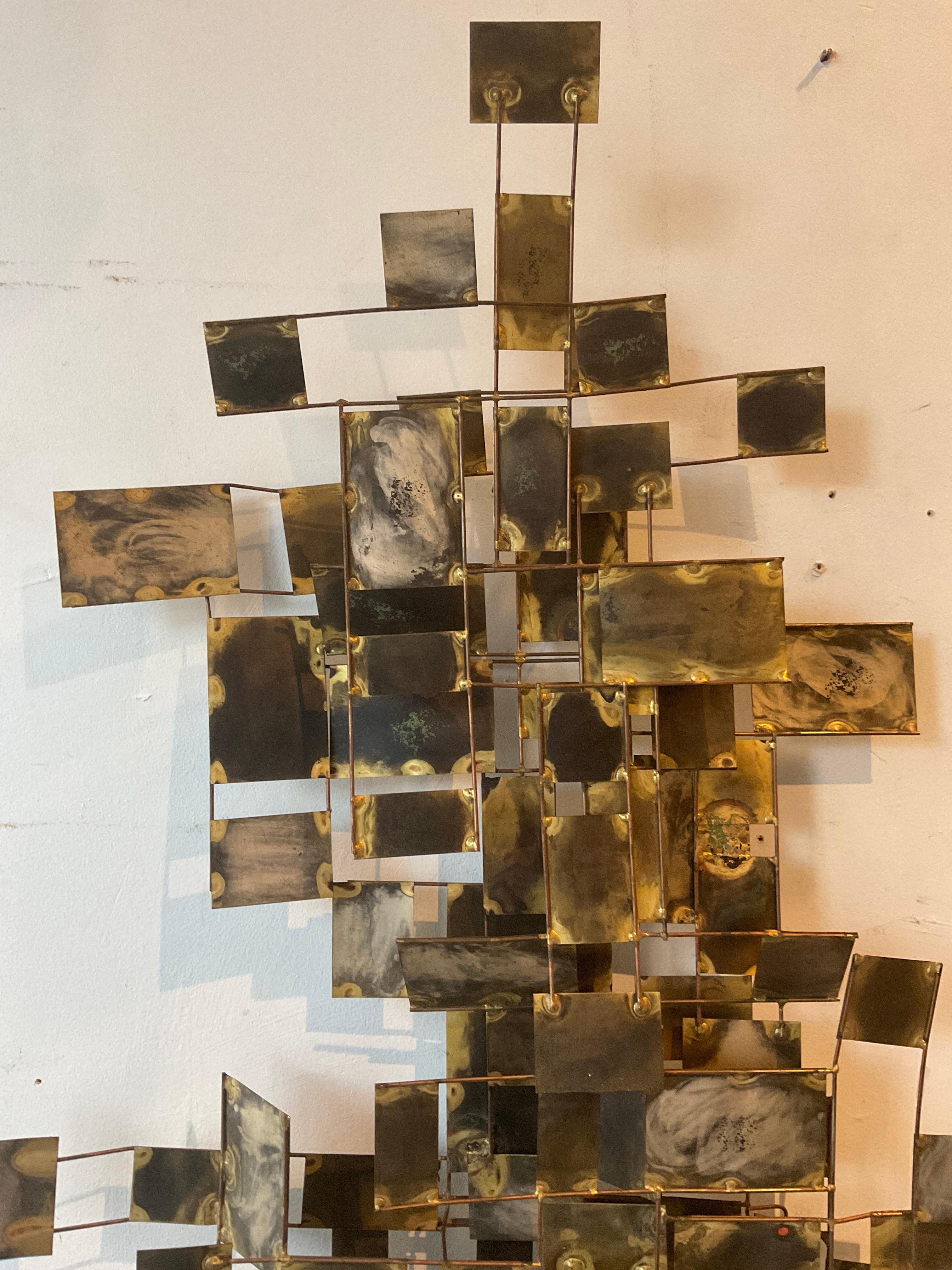 1960s Signed Curtis Jere Brass And Steel Geometric Wall Sculpture  1