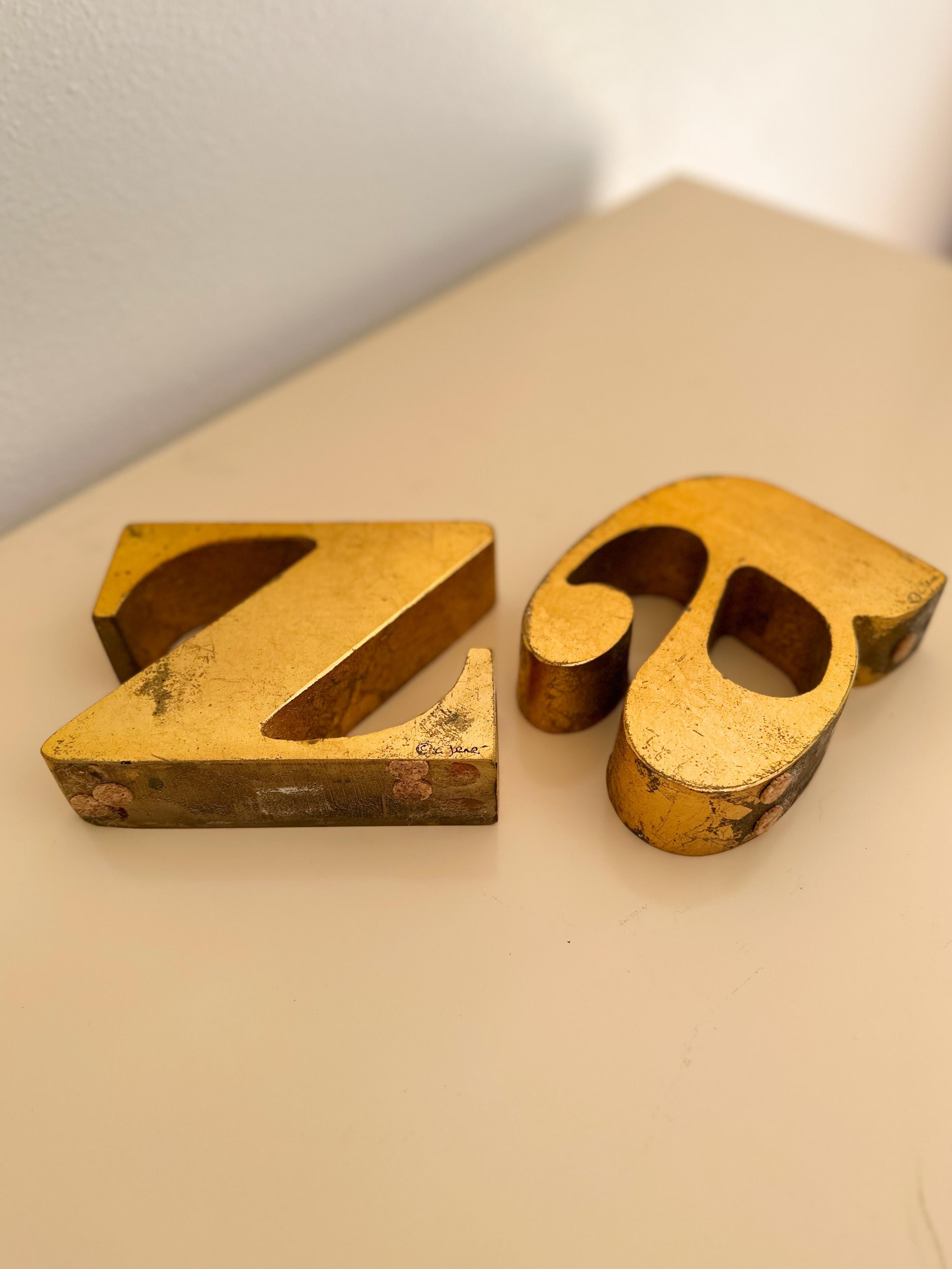 Iron 1960s Signed Curtis Jeré Gilded a to Z Bookends For Sale