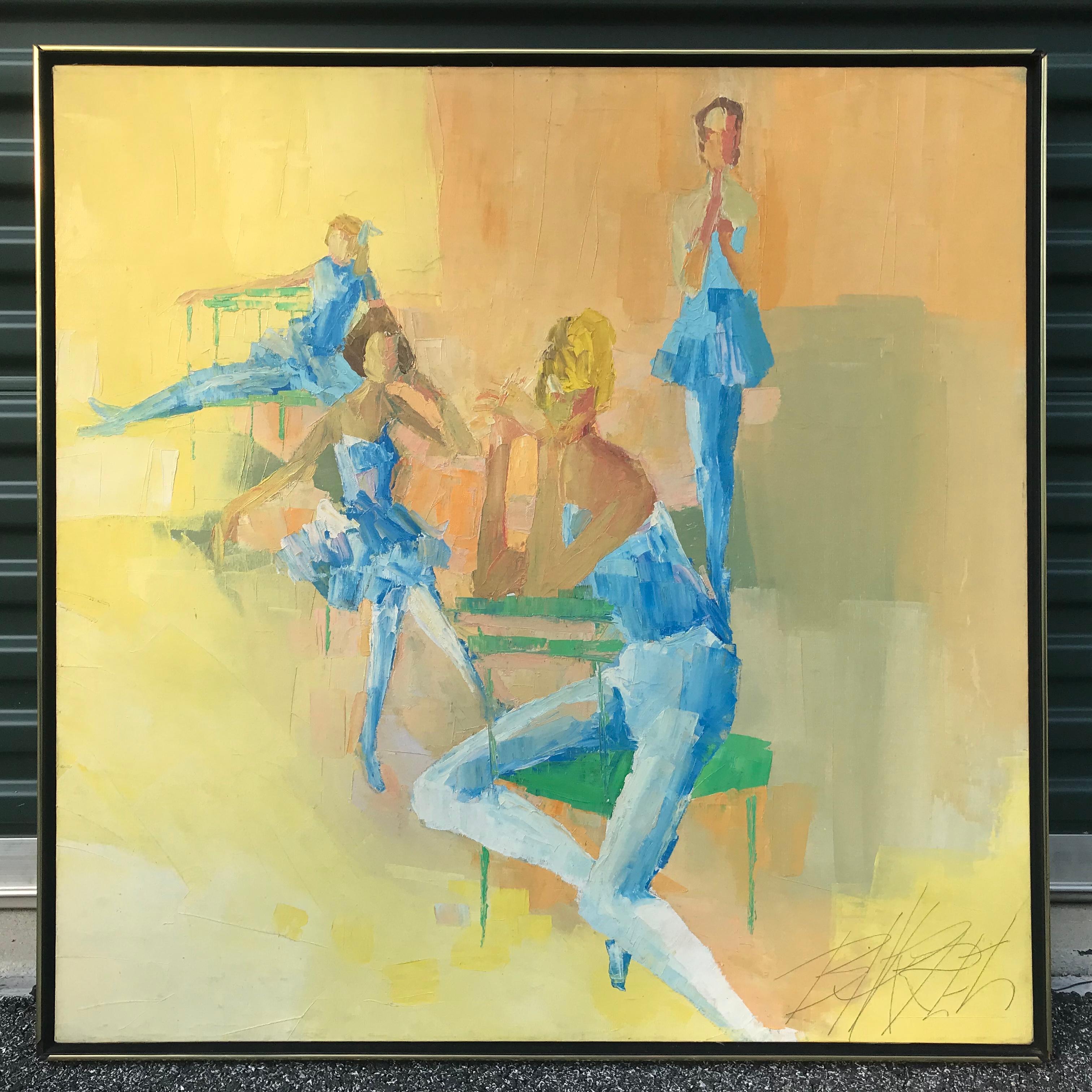 Mid-Century Modern oil on canvas by listed artist George Barrel depicting a ballerina in several overlayed poses. In original frame with paperwork still taped to back. Measures 37.25
