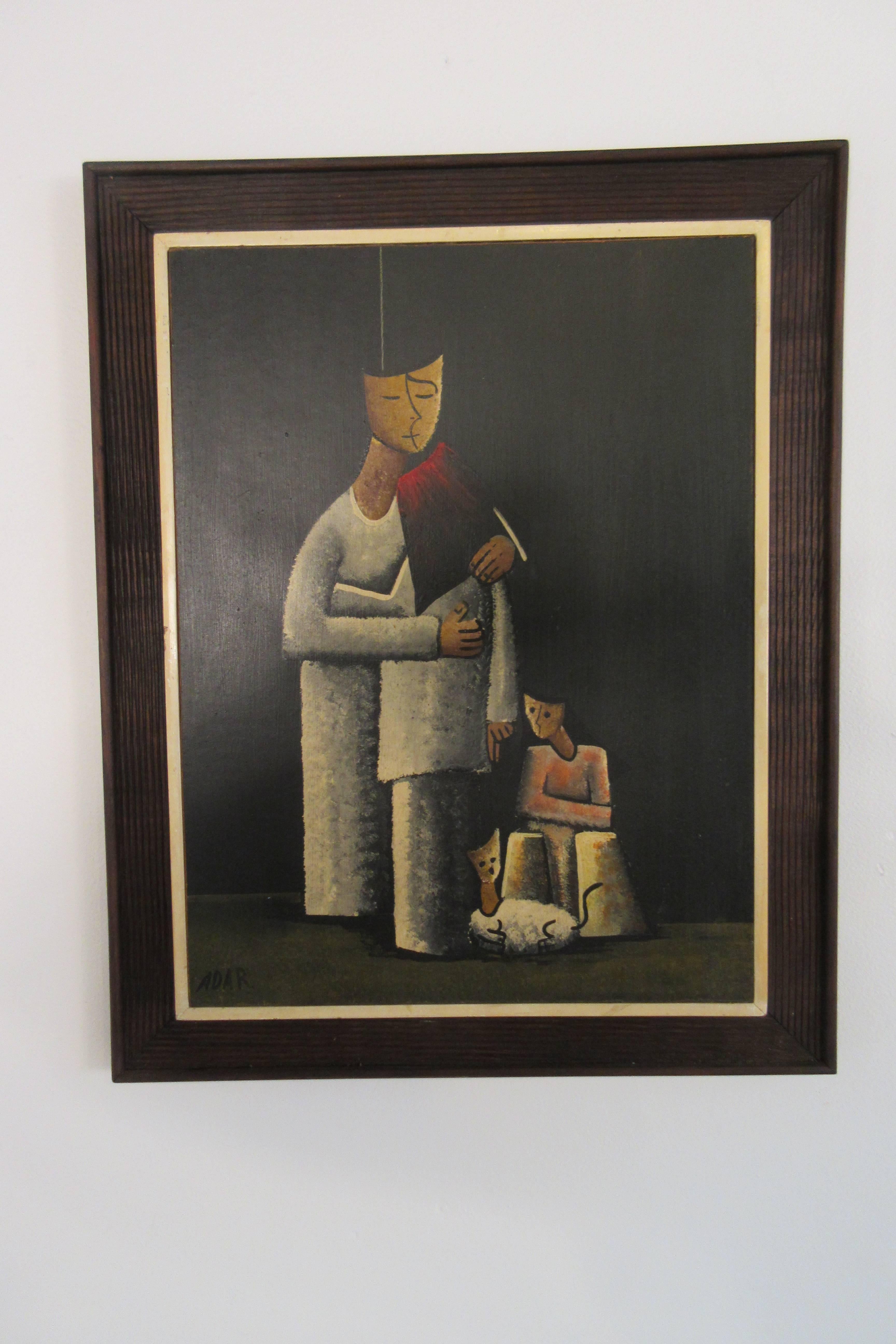 1960s signed oil on board mother and children.