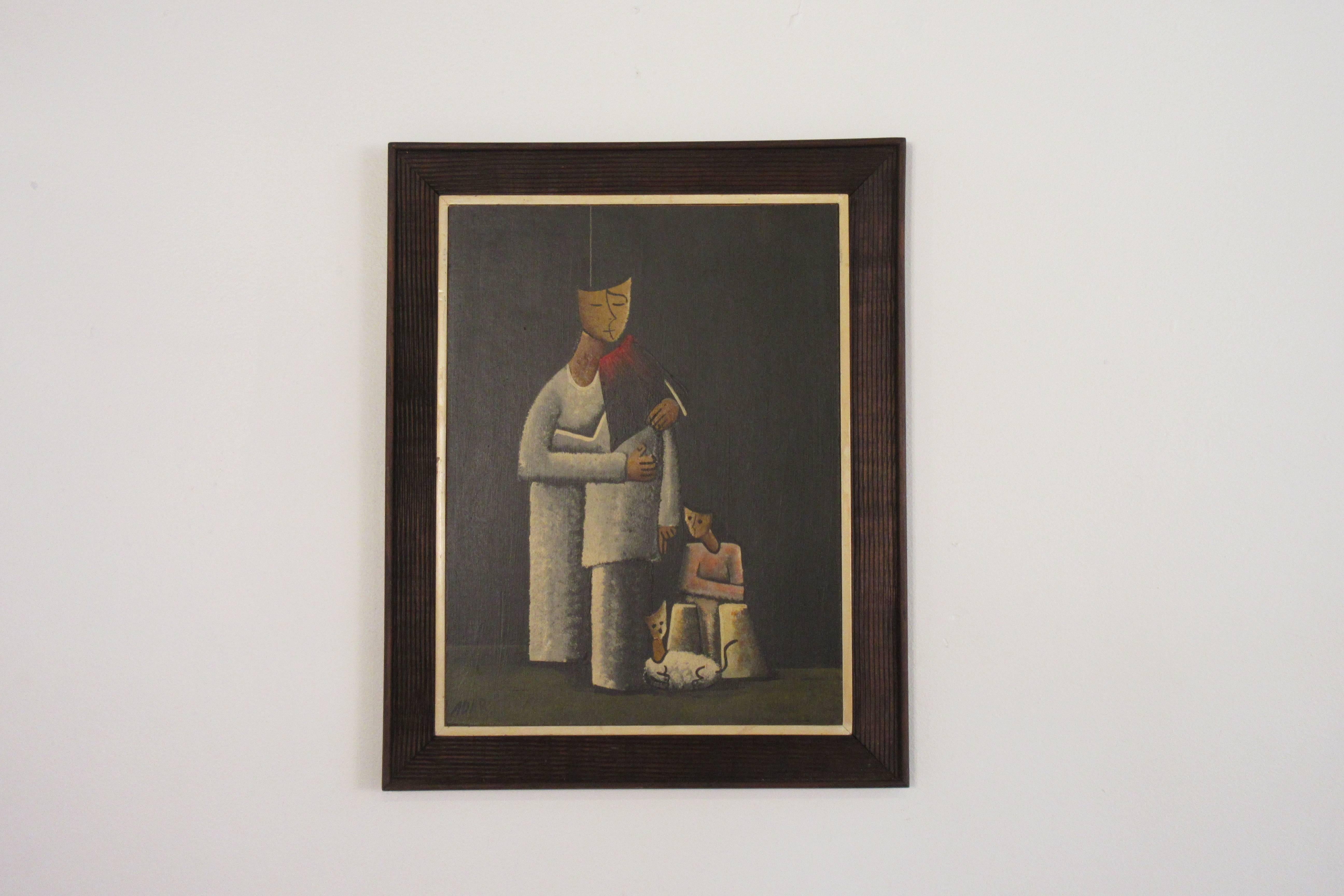 1960s Signed Oil on Board Mother and Children For Sale 1