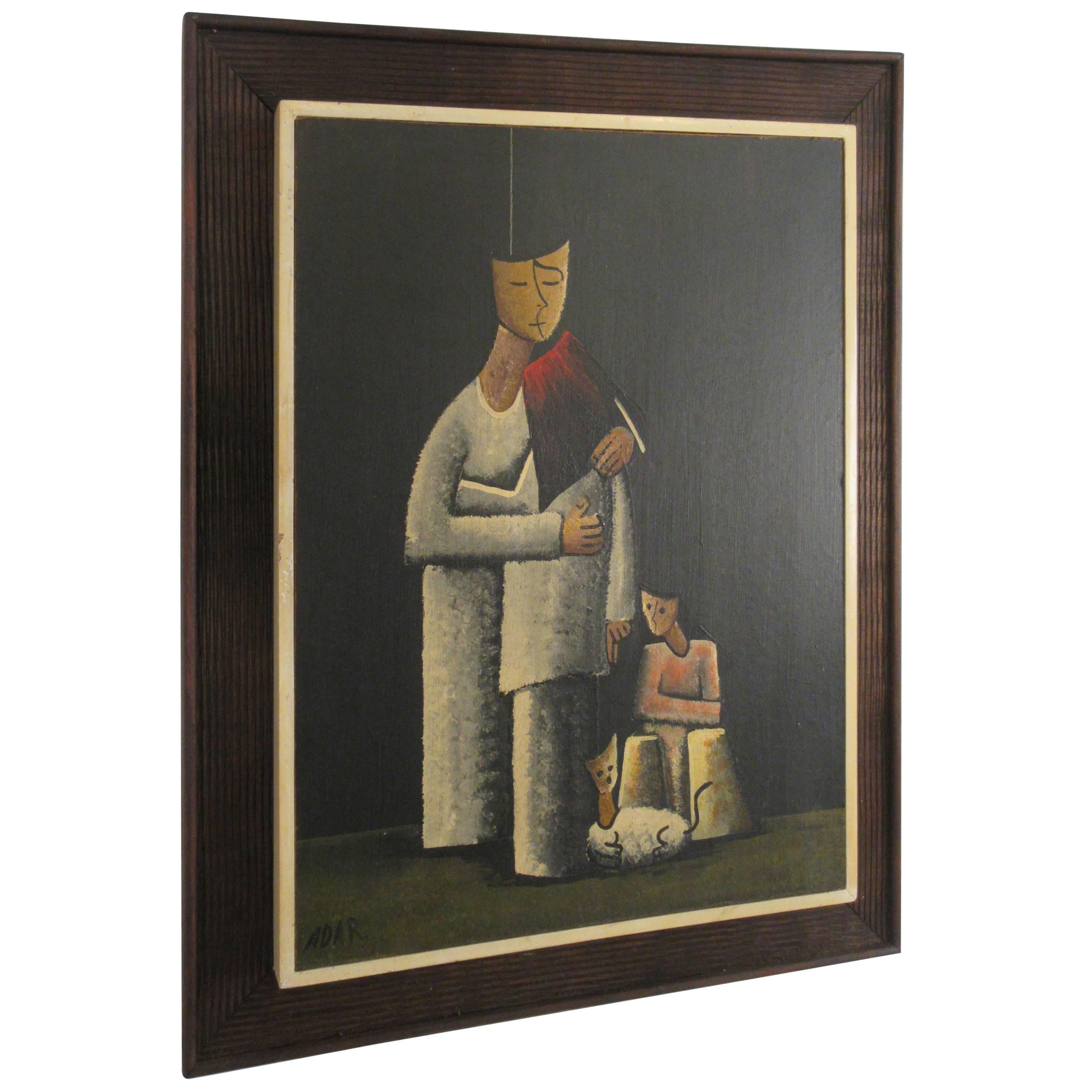 Huile sur panneau des années 1960, signée, Mère et enfants en vente