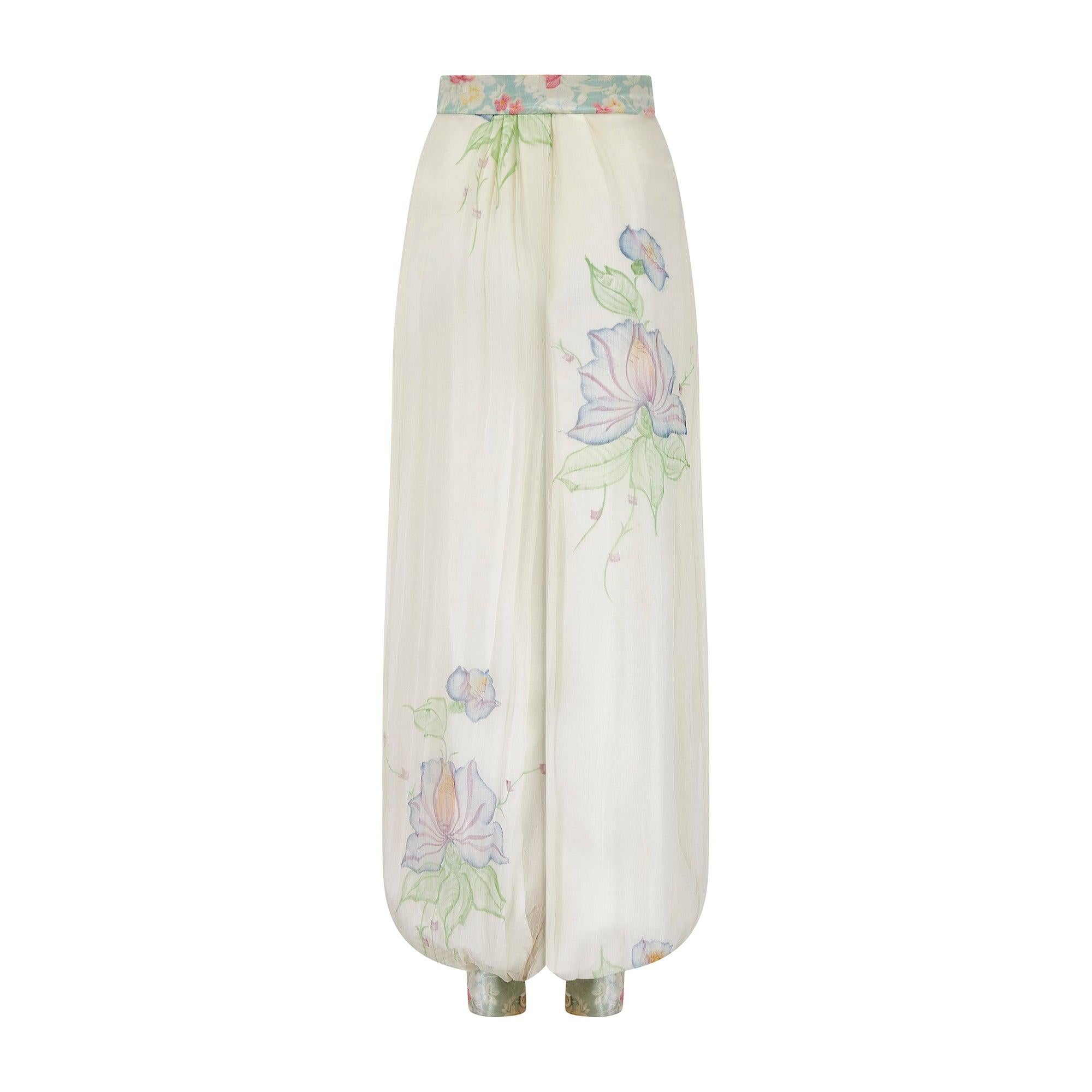 1960s Silk Chiffon Hand Painted Harem Trousers In Excellent Condition In London, GB