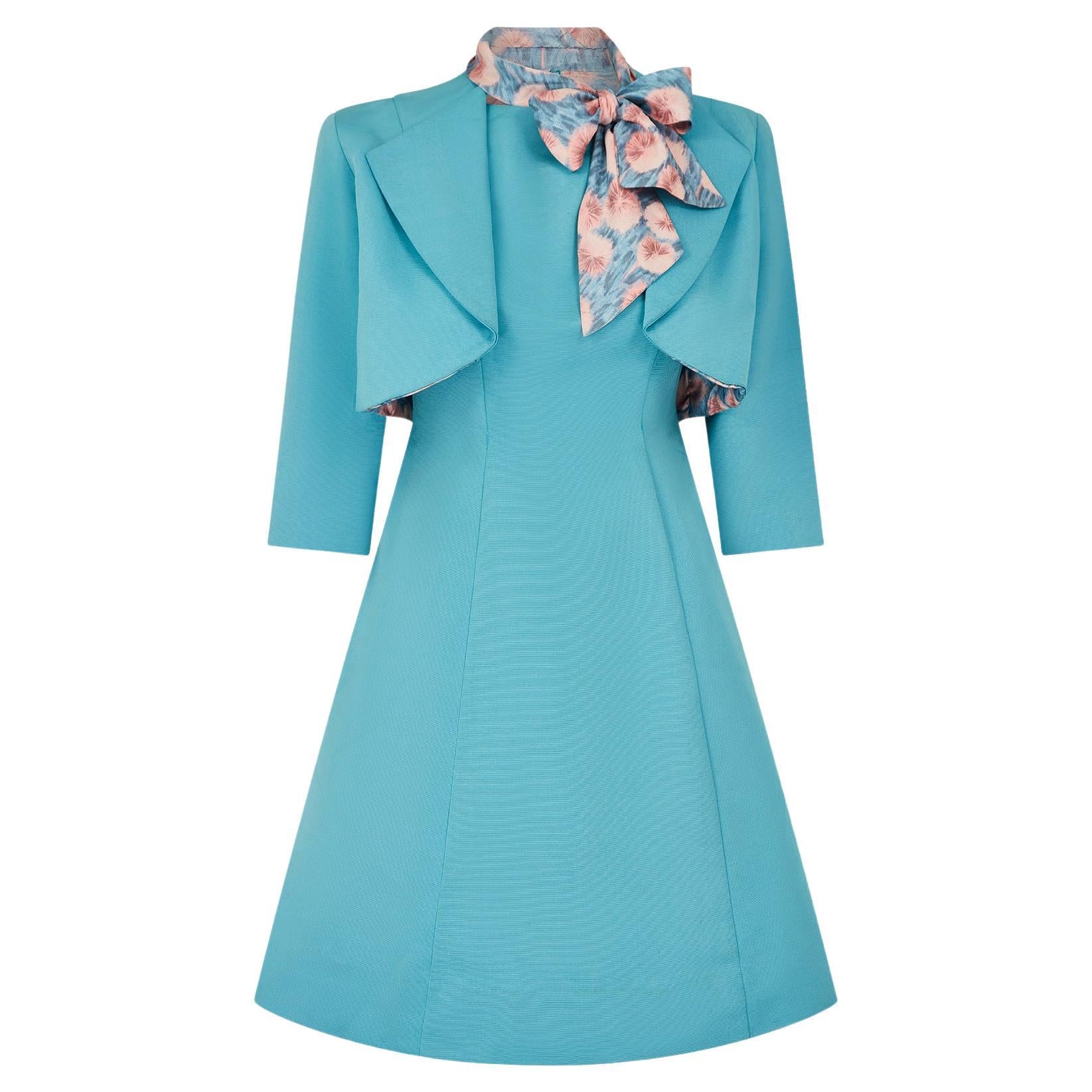 1960s Silk Faille Turquoise A Line Dress Suit with Jacket