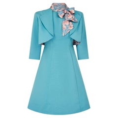 Vintage 1960s Silk Faille Turquoise A Line Dress Suit with Jacket