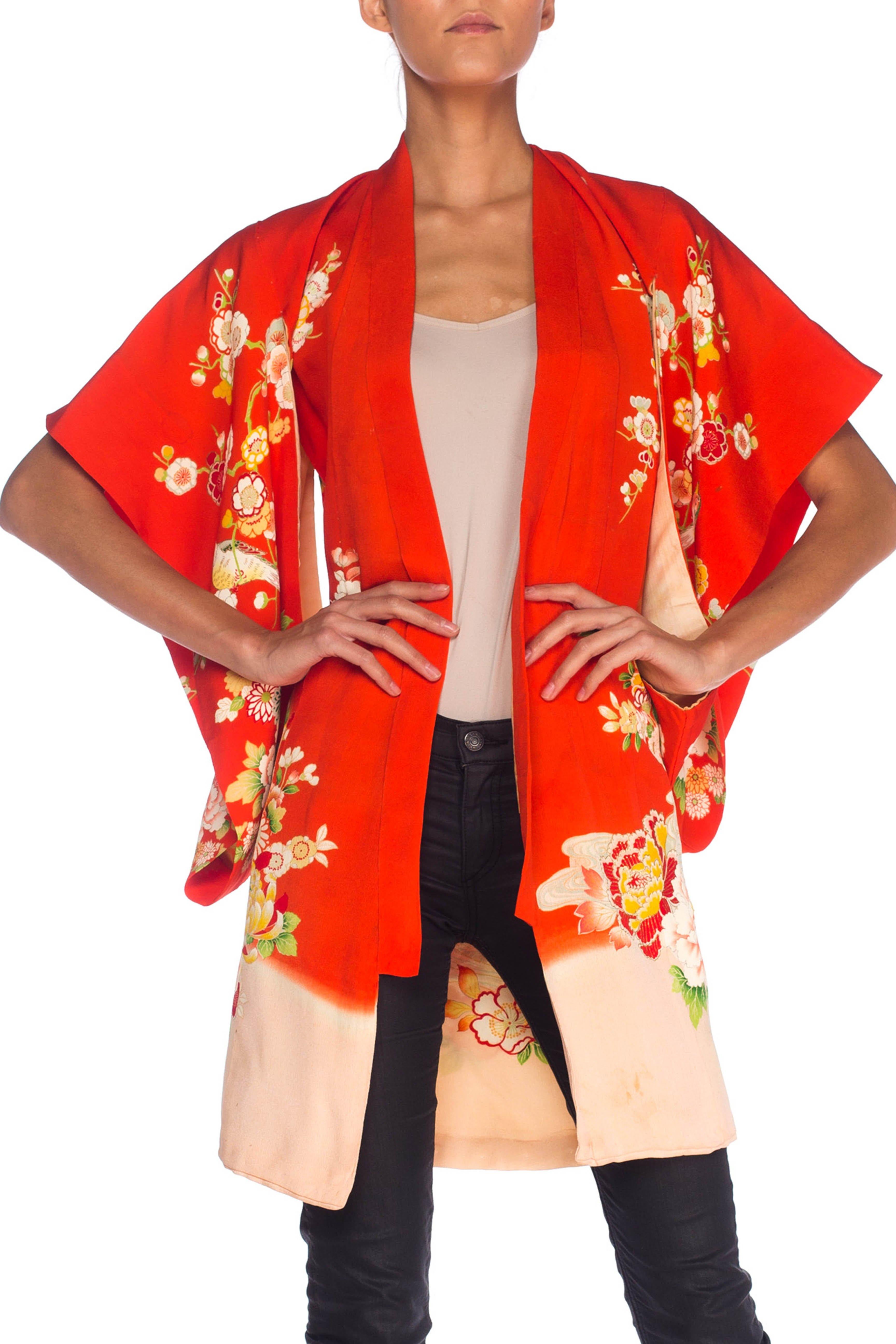 Orange 1960S Silk Floral And Bird Printed Child's  Kimono