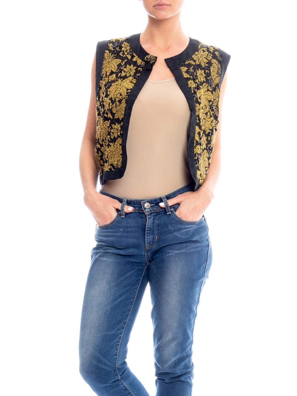 Fully lined in silk jacquard 1960S Gold Beaded Silk Lurex Lace Vest Top 