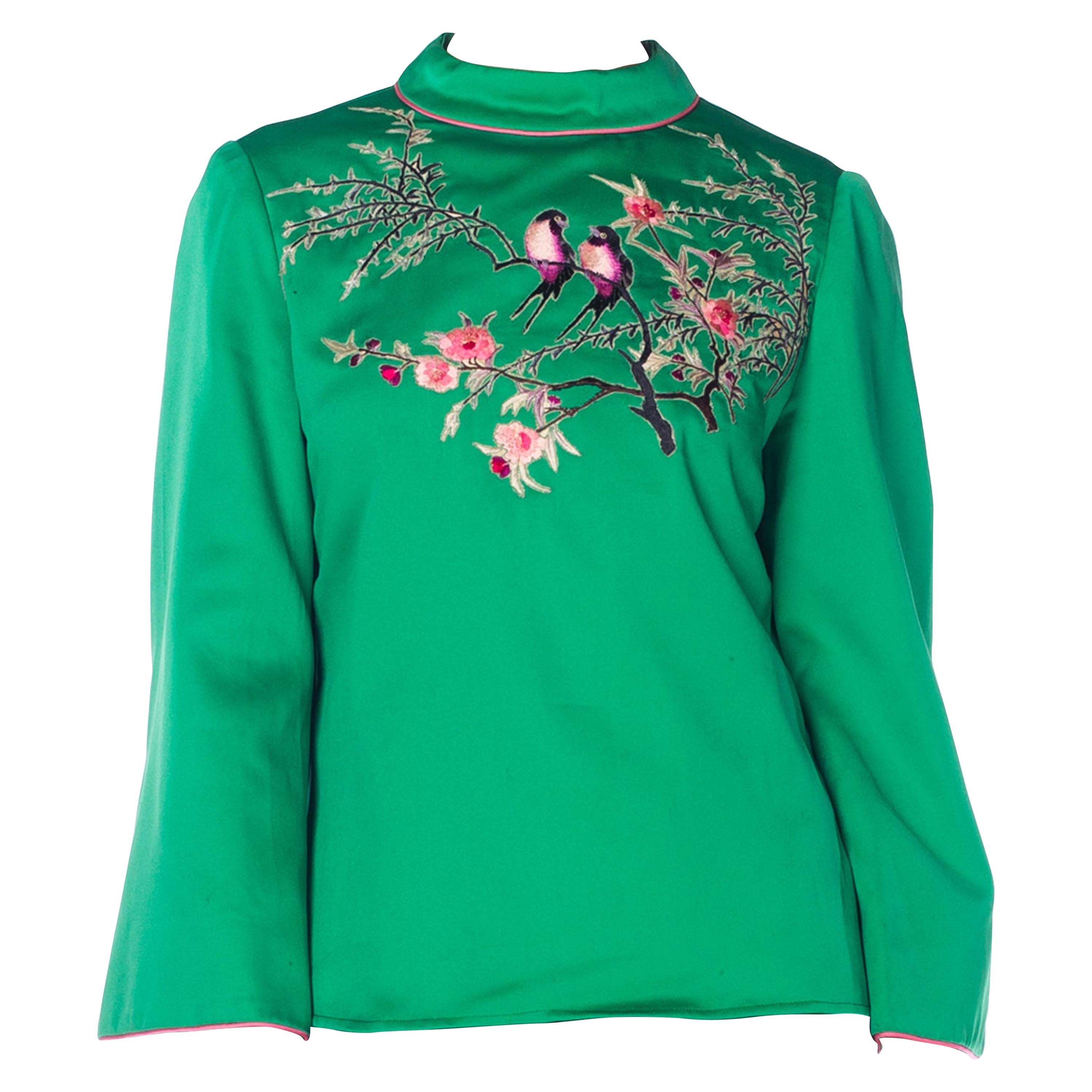 1970S Green Polyester Sateen Top With Hand Embroidered Love Birds And Flowers