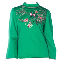 1970S Green Polyester Sateen Top With Hand Embroidered Love Birds And Flowers