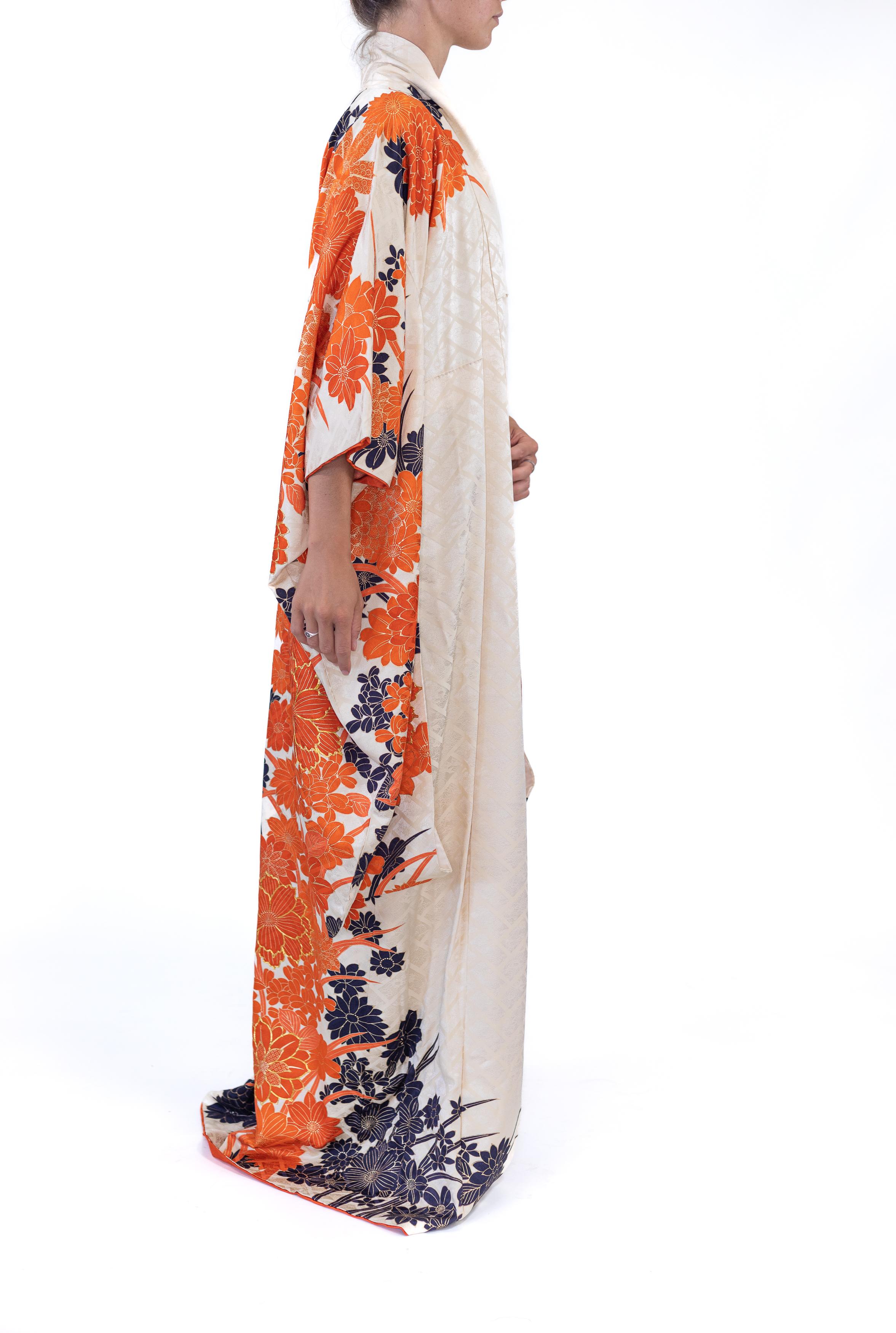 Women's 1960S Silk Jacquard Orange & Black Floral Kimono For Sale