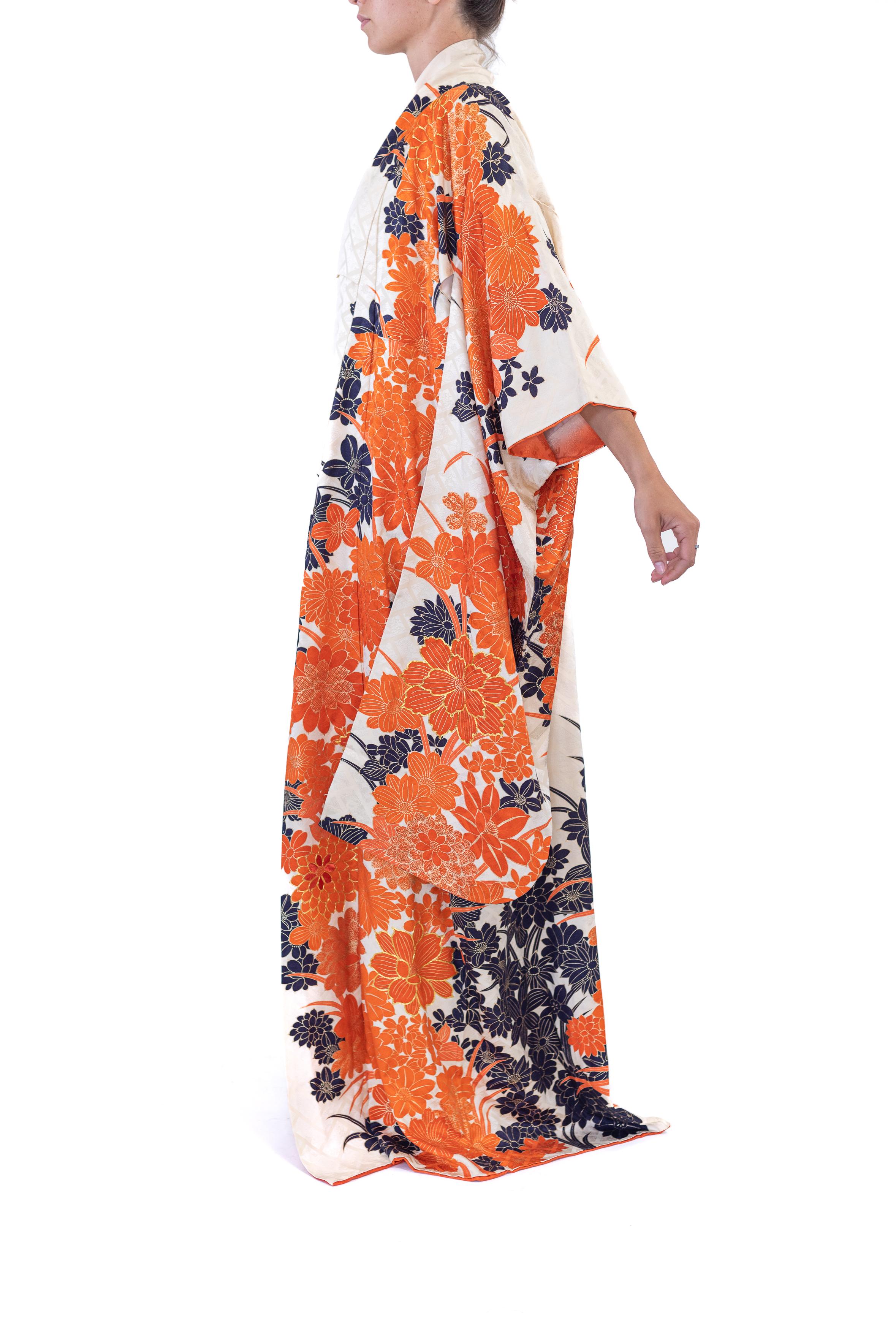 1960S Silk Jacquard Orange & Black Floral Kimono For Sale 1