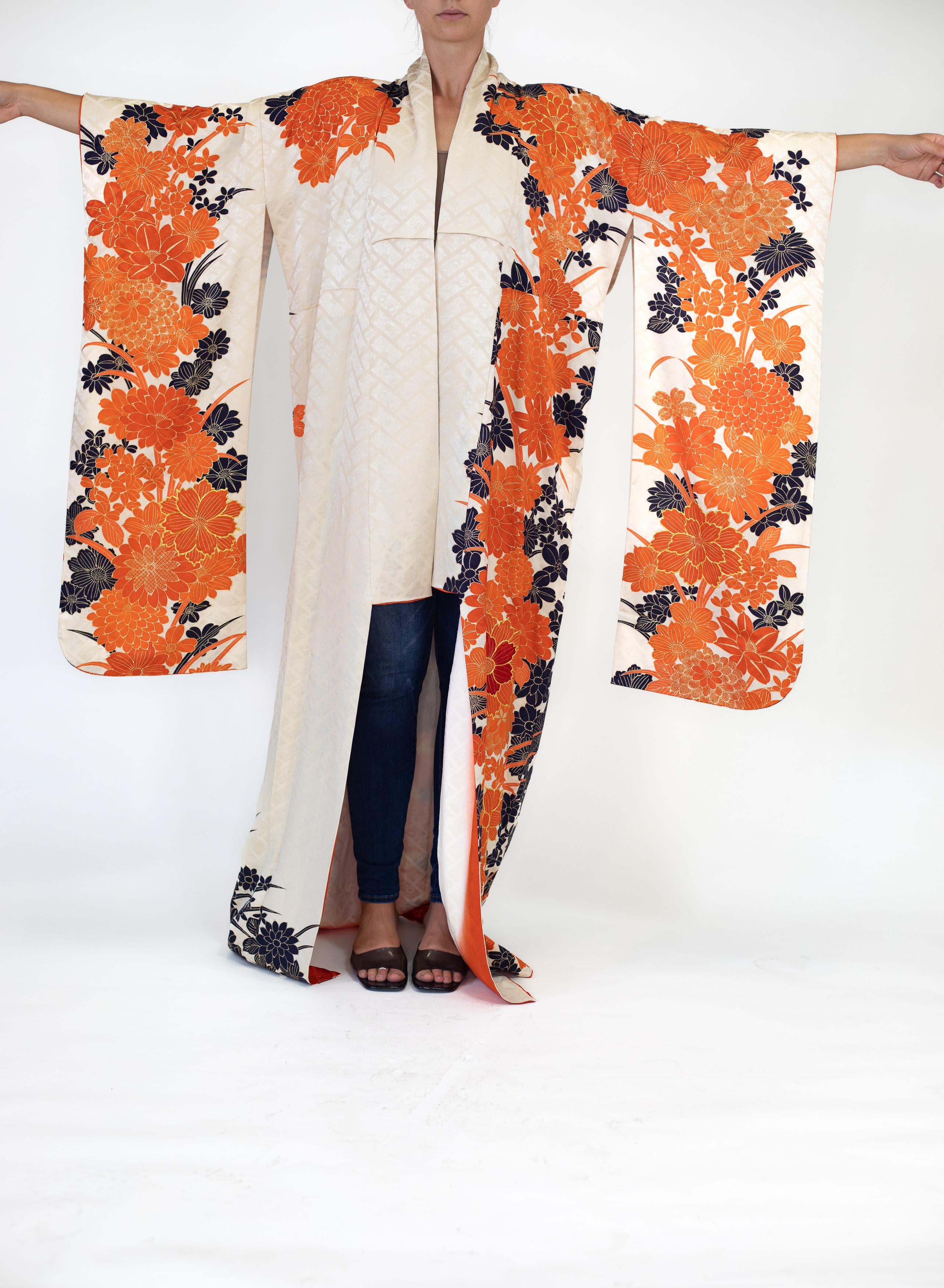 1960S Silk Jacquard Orange & Black Floral Kimono For Sale 3