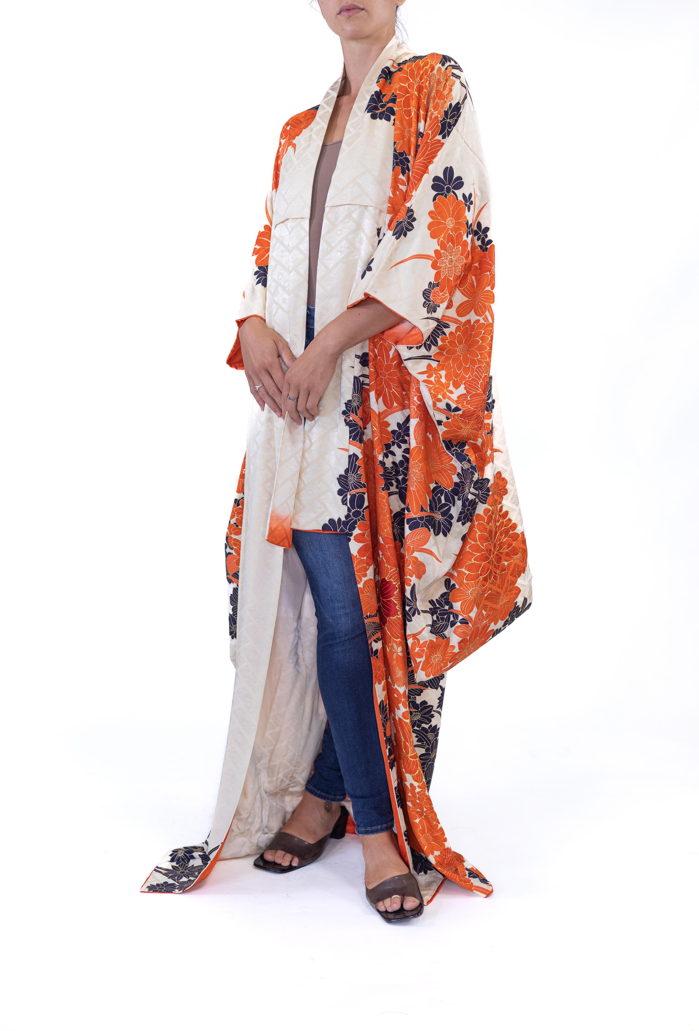 1960S Silk Jacquard Orange & Black Floral Kimono For Sale 5