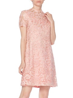 1960S Baby Pink Rayon & Silk Satin Lurex Lace Jackie-O Mod Mini Cocktail Dress