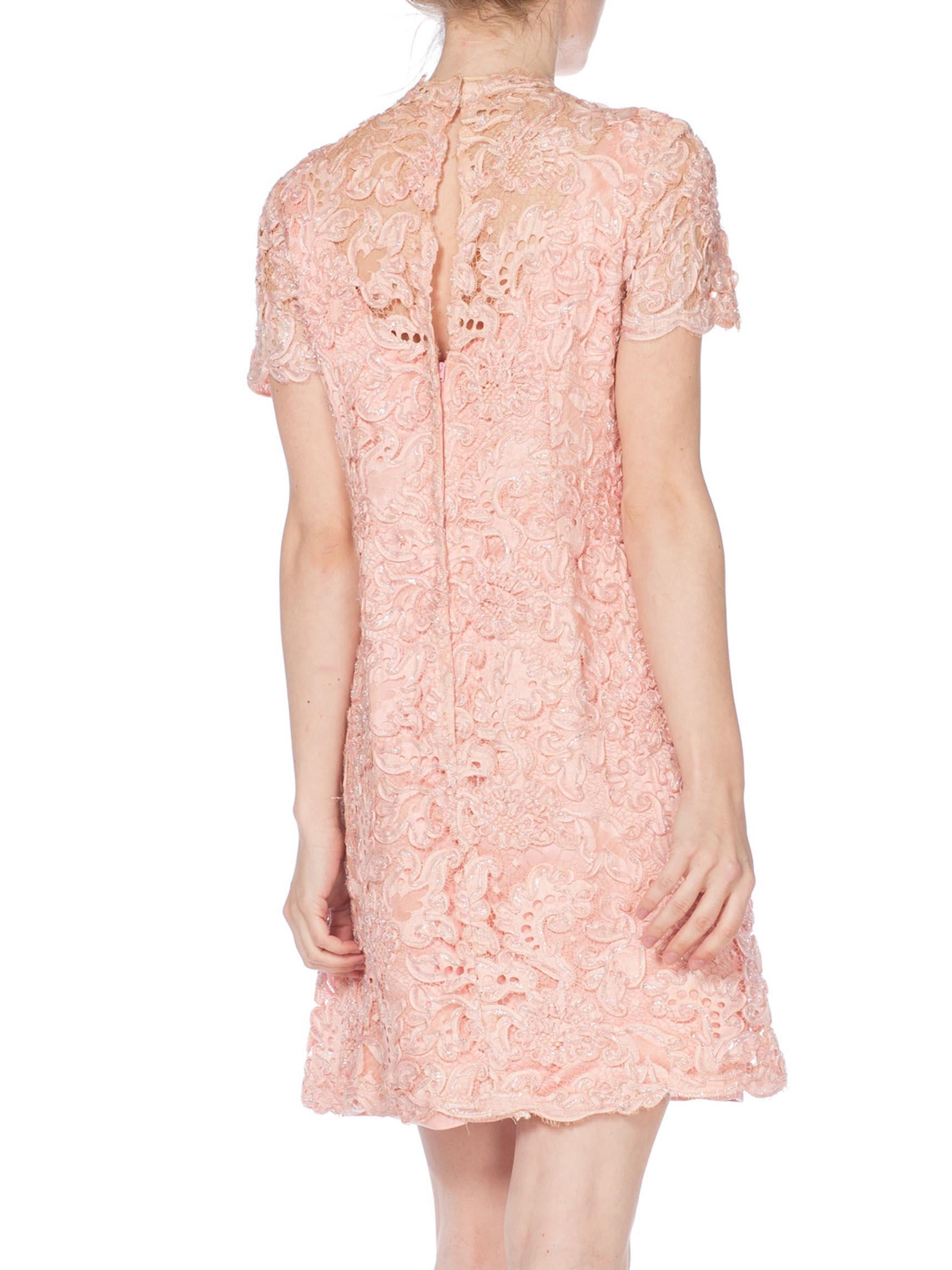 1960S Baby Pink Rayon & Silk Satin Lurex Lace Jackie-O Mod Mini Cocktail Dress In Excellent Condition For Sale In New York, NY