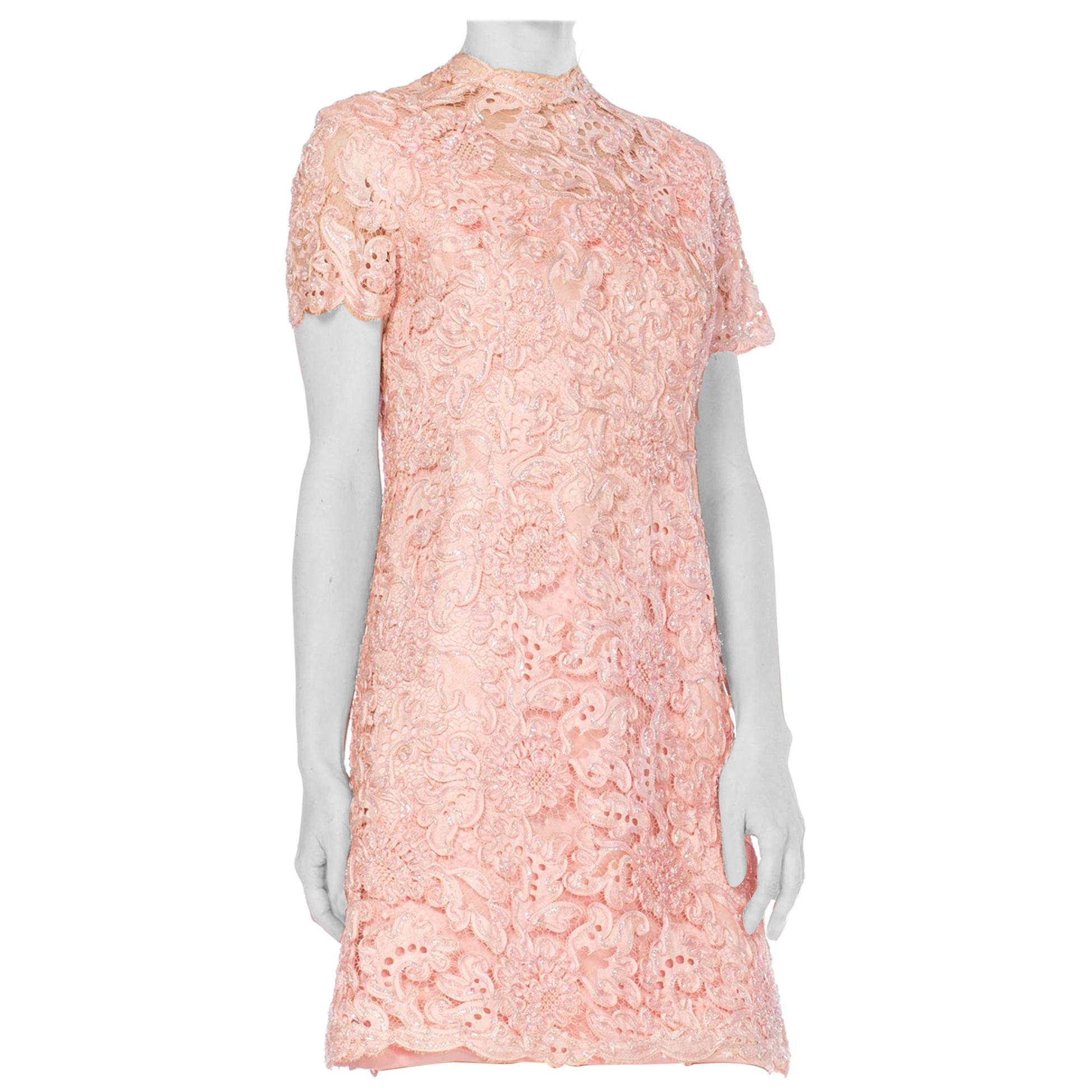 1960S Baby Pink Rayon & Silk Satin Lurex Lace Jackie-O Mod Mini Cocktail Dress For Sale