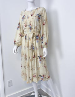 1960s Silky Viscose Pale Yellow Cocktail Dress with Floral Print Size 8/10