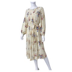 1960s Silky Viscose Pale Yellow Cocktail Dress with Floral Print Size 8/10