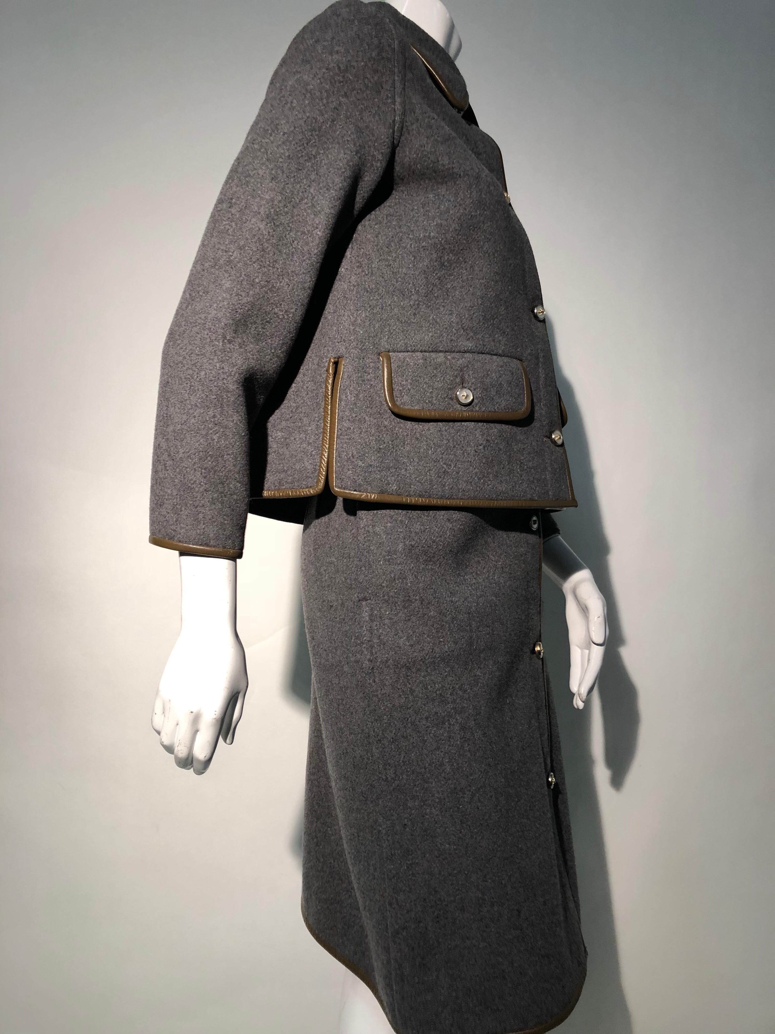 1960s Sills By Bonnie Cashin Mod Gray Wool Skirt Suit W/ Brown Leather Trim For Sale 1