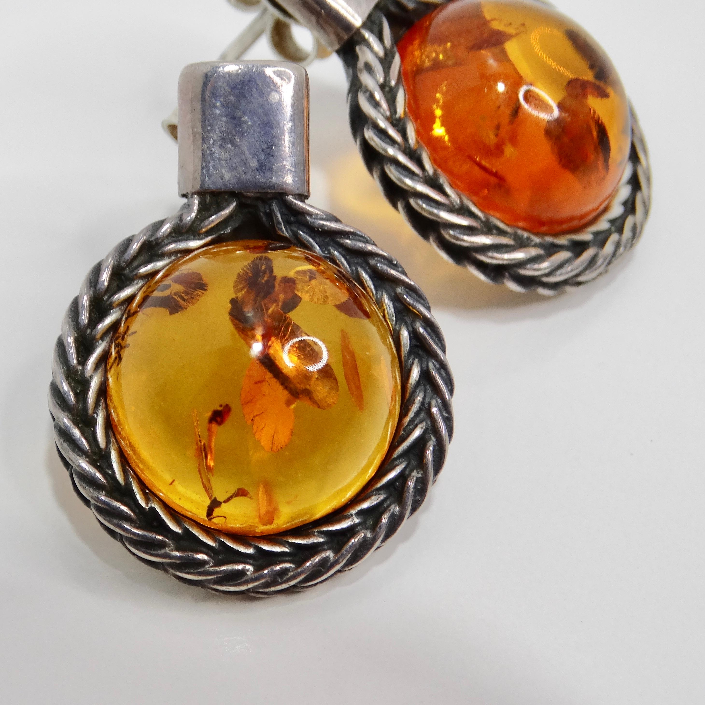 Round Cut 1960s Silver Amber Earrings For Sale
