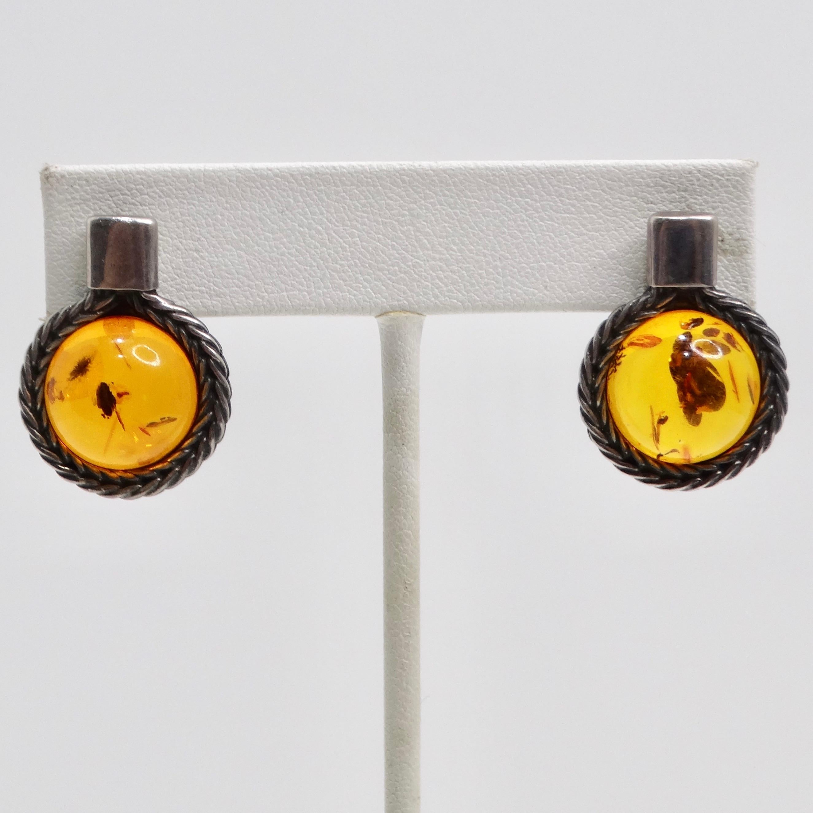 Boucles d'oreilles ambre en argent des années 1960 en vente 2