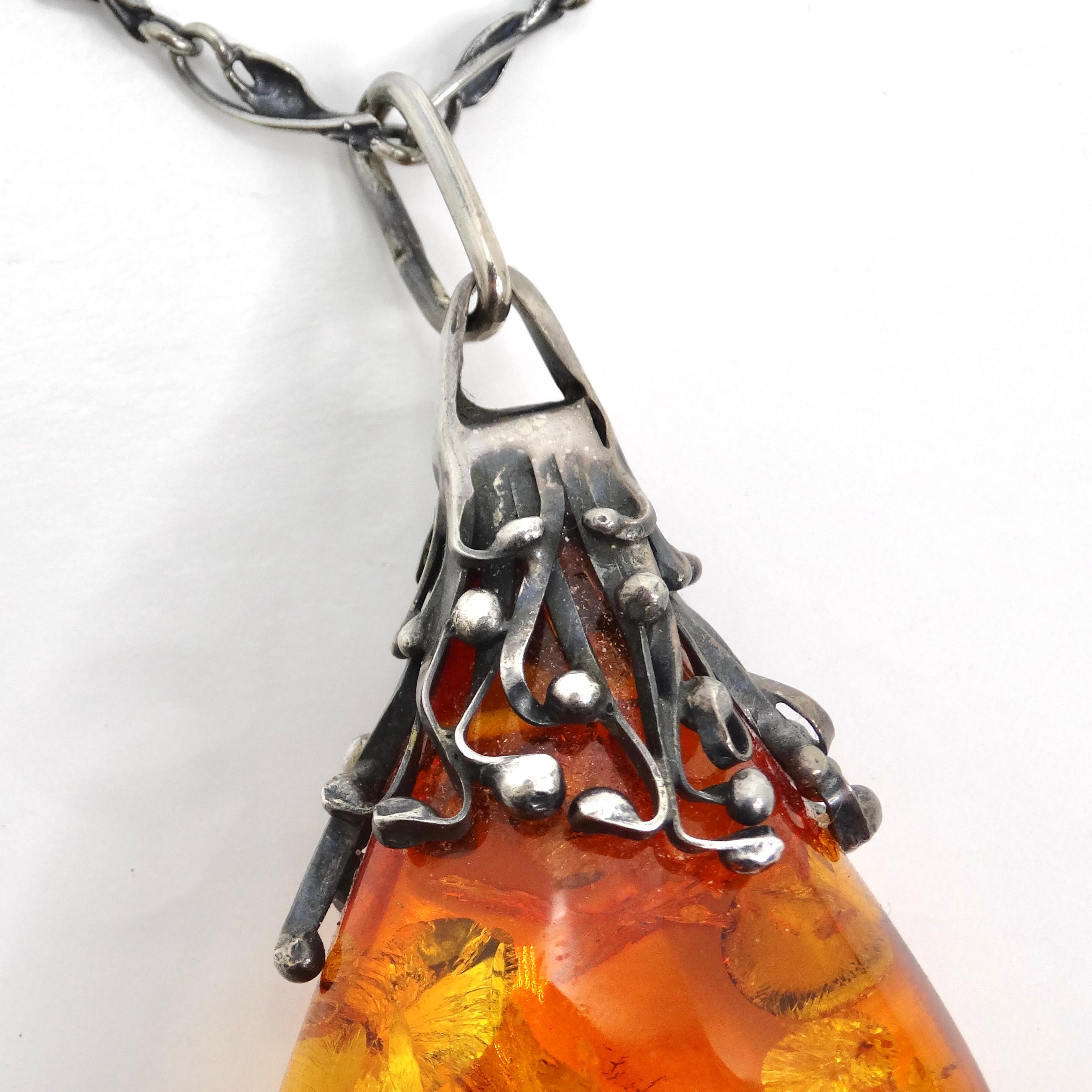 Oval Cut 1960s Silver Amber Pendant Necklace For Sale