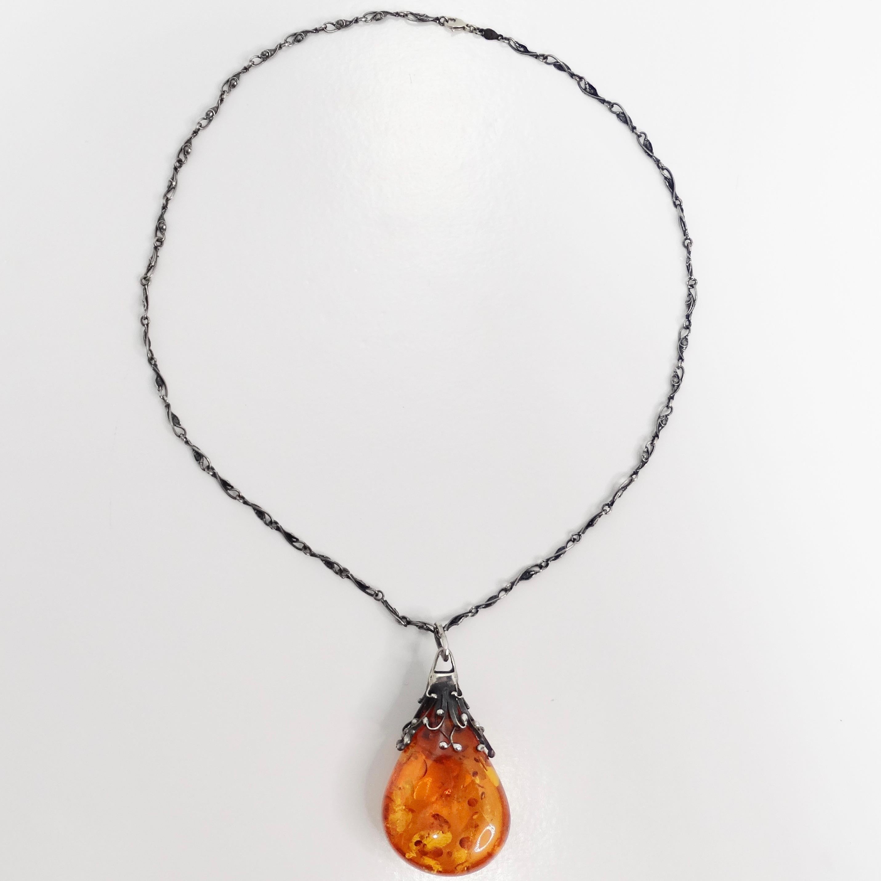 1960s Silver Amber Pendant Necklace For Sale 1