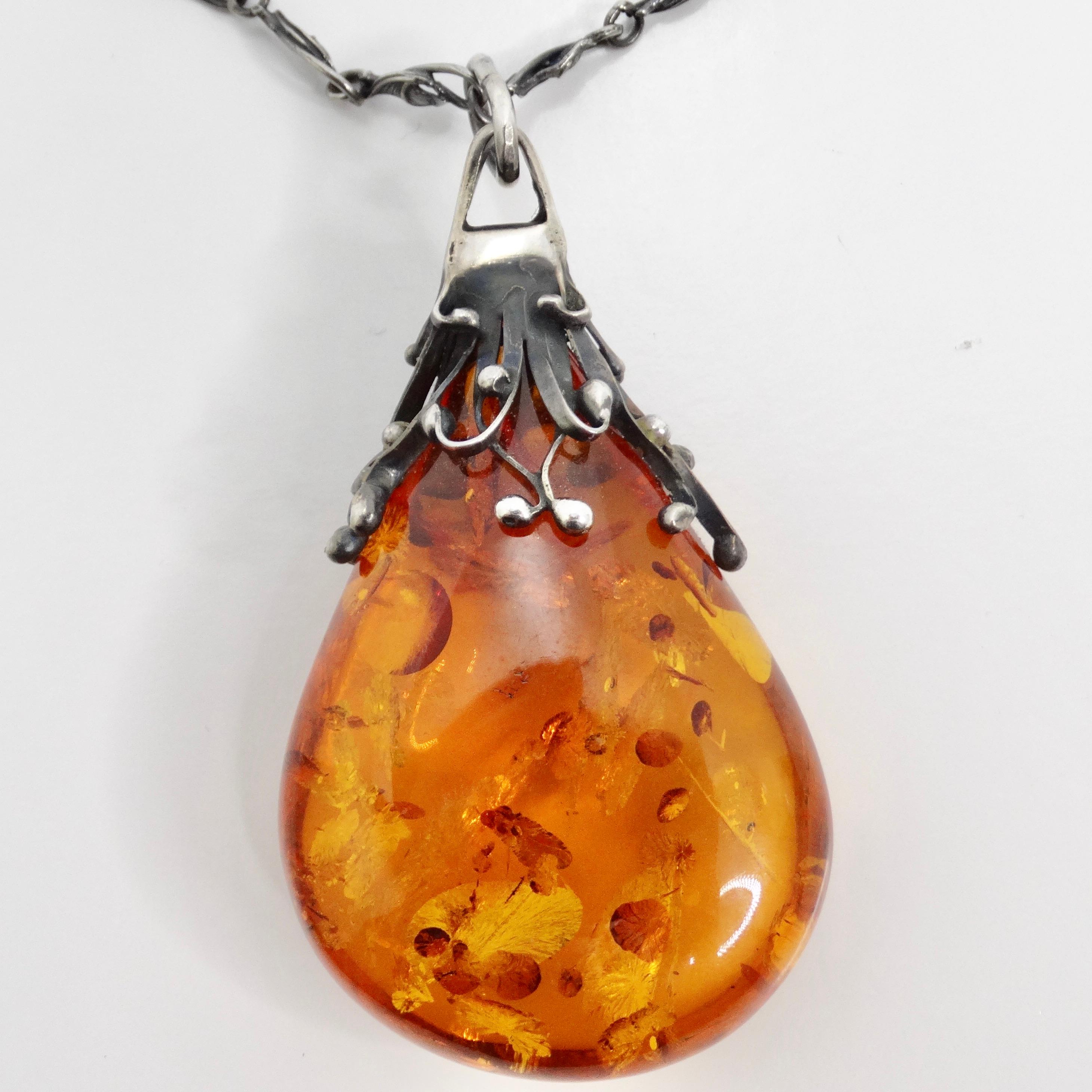 1960s Silver Amber Pendant Necklace For Sale 2