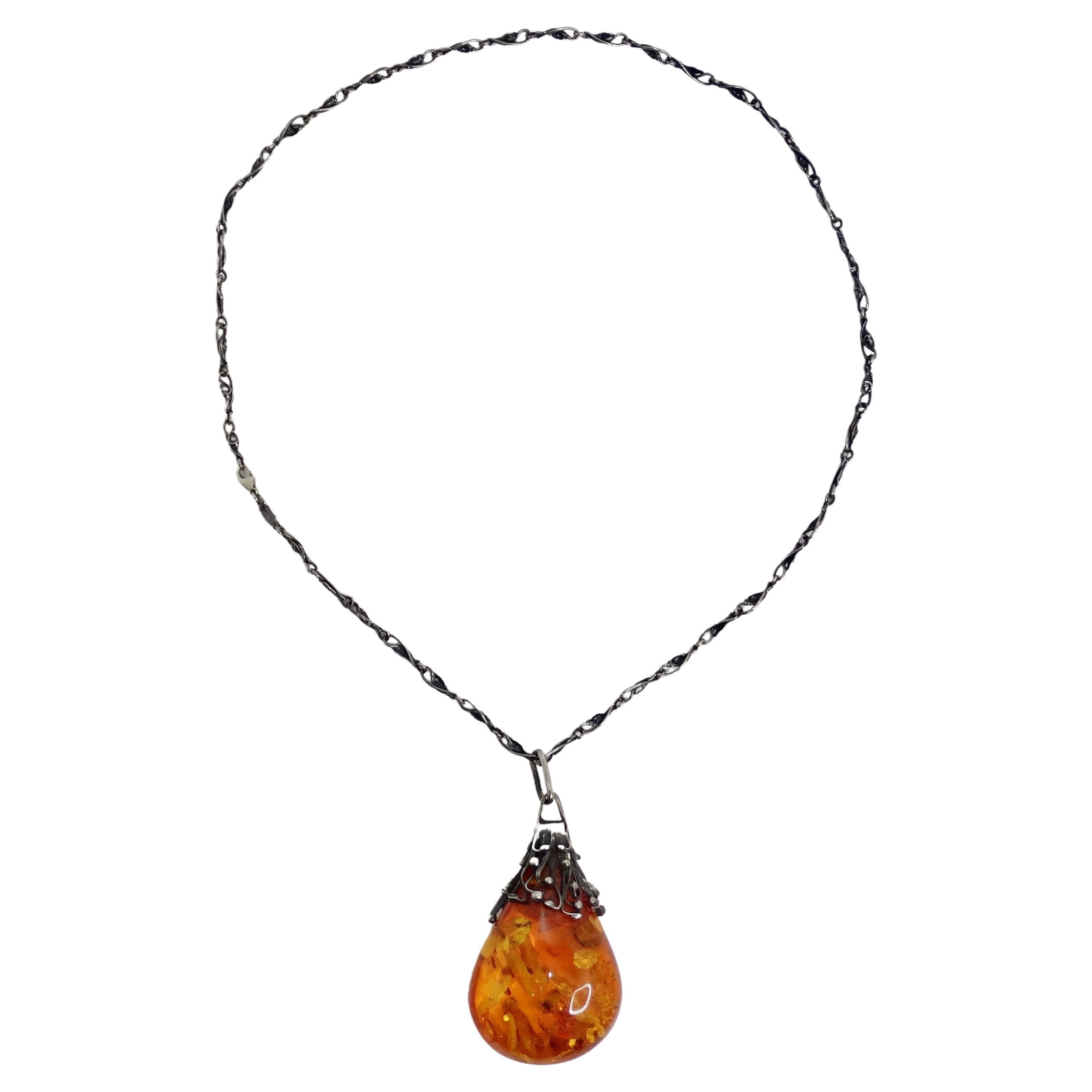 1960s Silver Amber Pendant Necklace For Sale