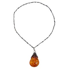 Vintage 1960s Silver Amber Pendant Necklace