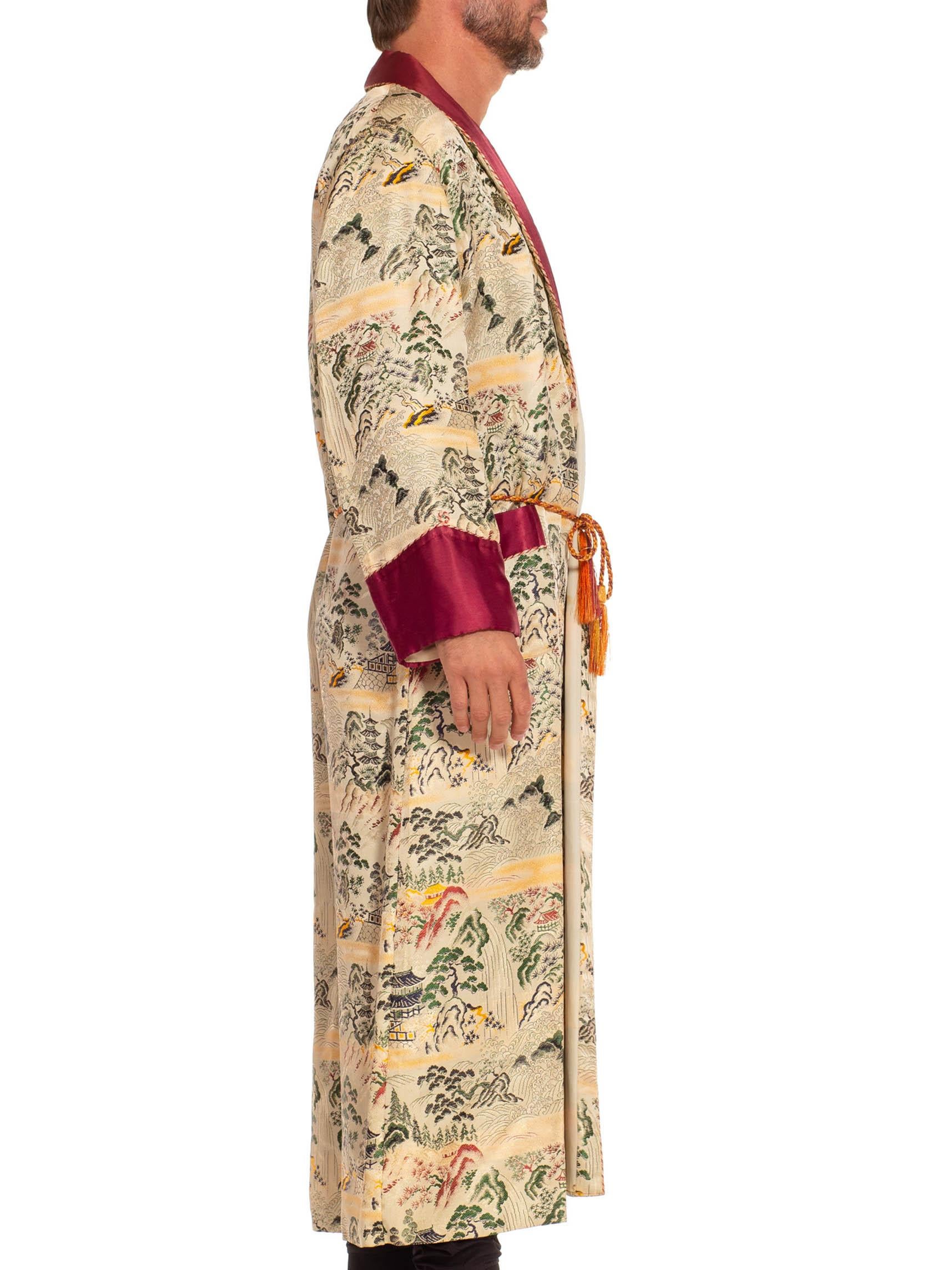 1960S Silver & Burgundy Acetate Jacquard Japanese Landscape Robe In Excellent Condition In New York, NY