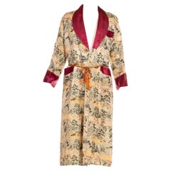 Vintage 1960S Silver & Burgundy Acetate Jacquard Japanese Landscape Robe