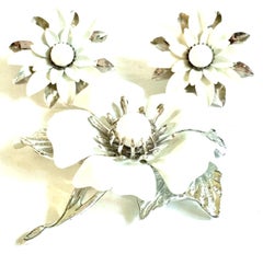 1960'S Silver & Enamel Abstract Big Flower Brooch & Earrings S/3 By Coventry