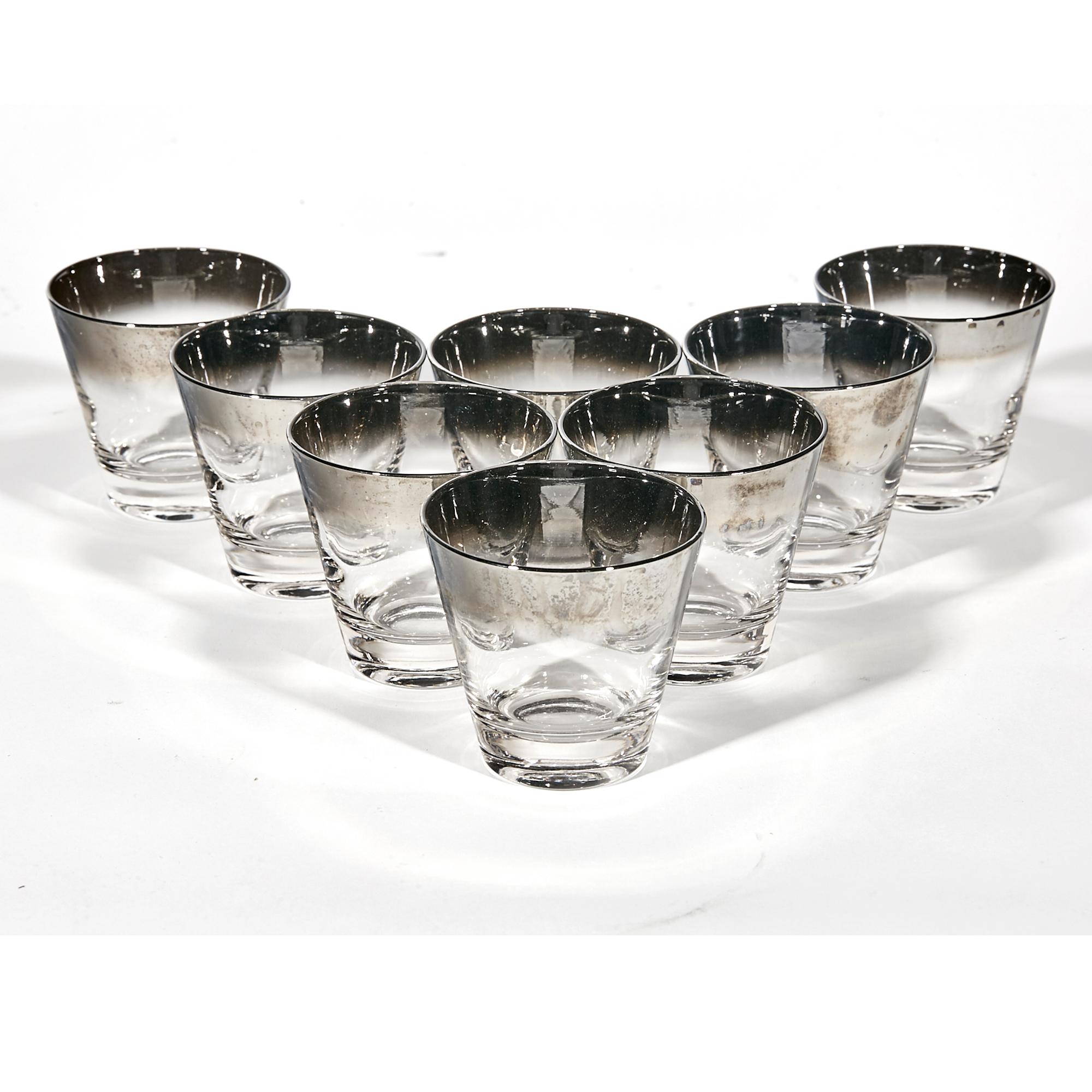 Vintage set of 8 silver-fade old fashioned glass bar tumblers. No marks. In very good used condition.