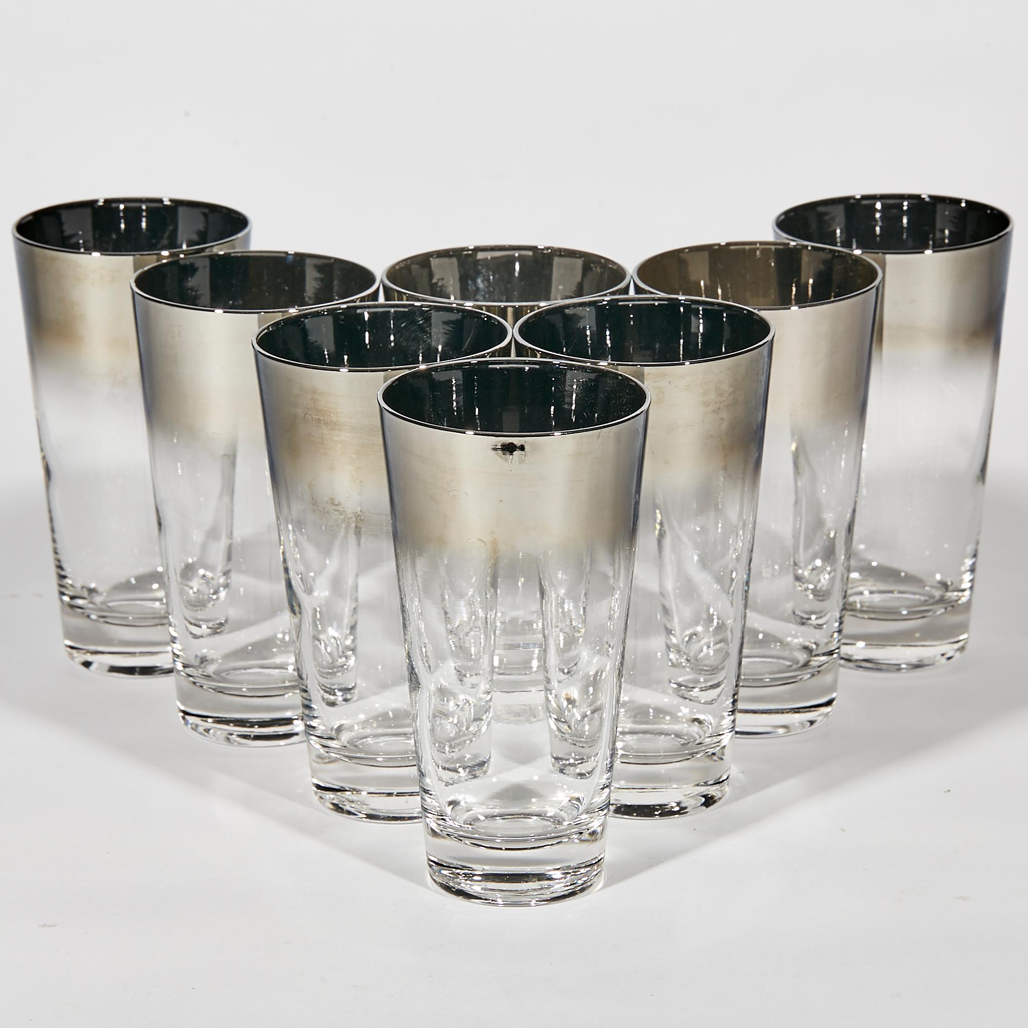 Vintage set of 8 silver-fade tall glass bar tumblers. No marks. In very good used condition.