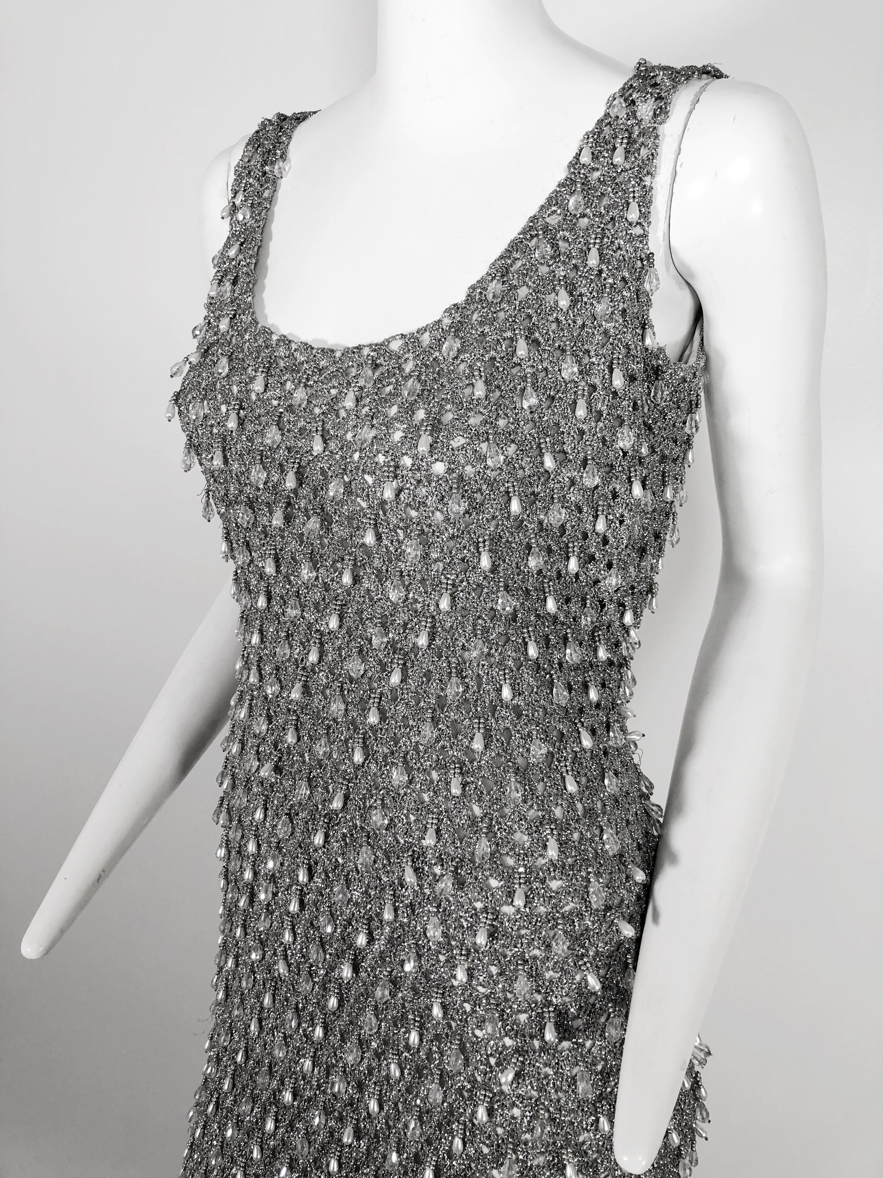 Brown 1960s Silver Lamé Crochet Evening Gown Covered w Pearl and Crystal Drop Fringe
