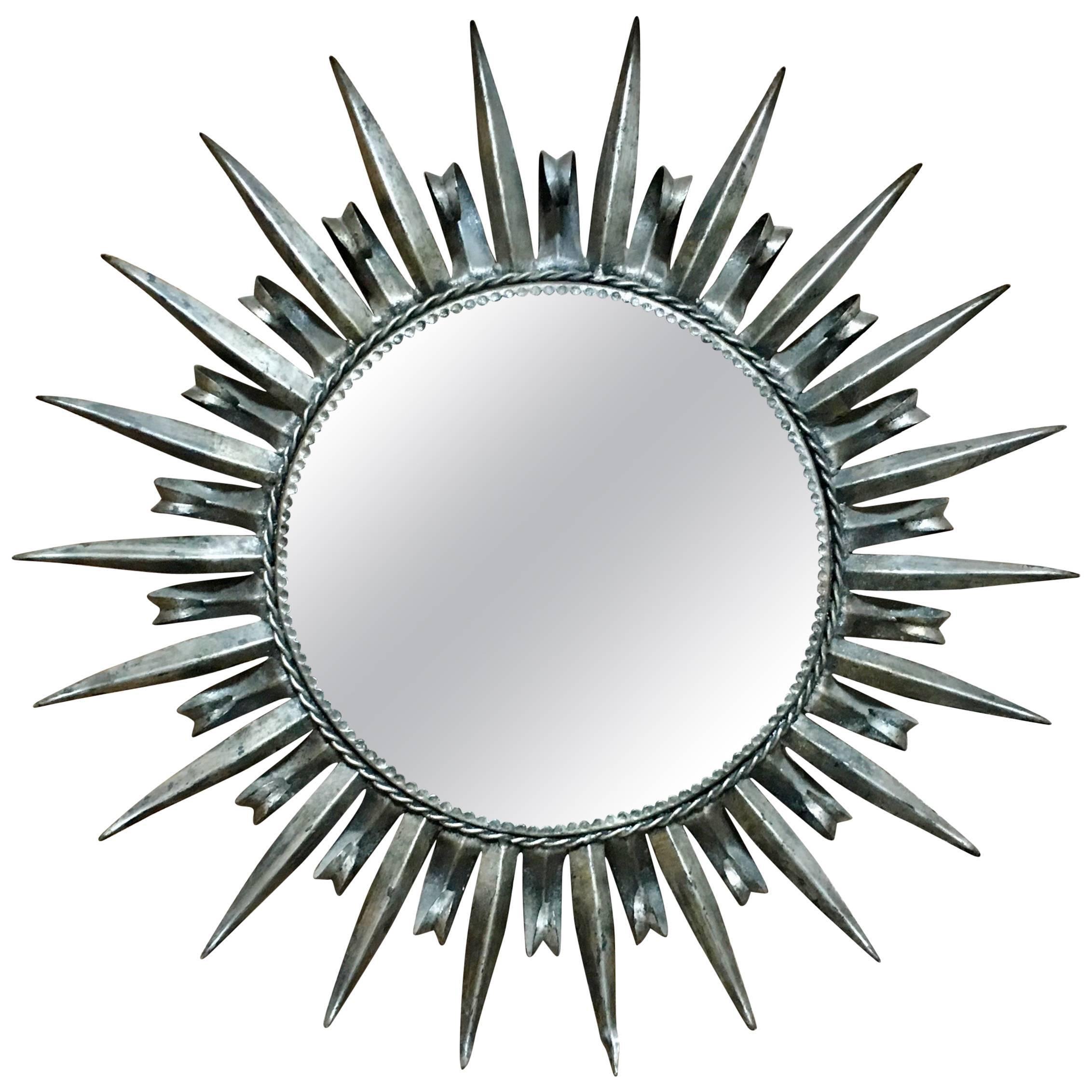1960s Silver Leaf Metal Sunburst Mirror