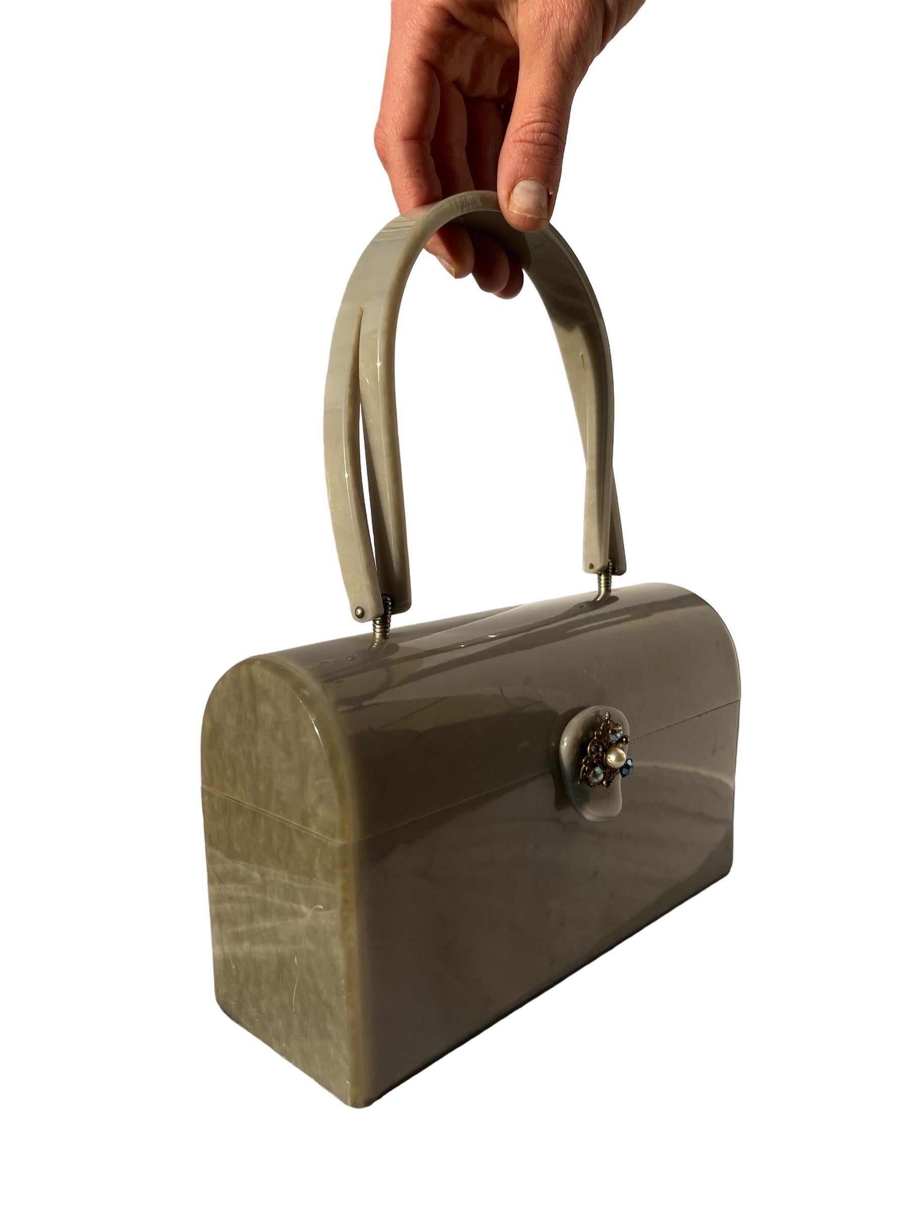 1960s Silver Marbled Lucite Box Purse Handbag w/ Rhinestones 4