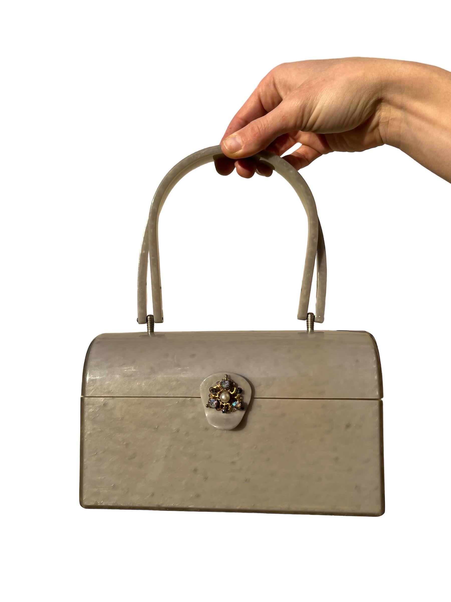 Women's 1960s Silver Marbled Lucite Box Purse Handbag w/ Rhinestones