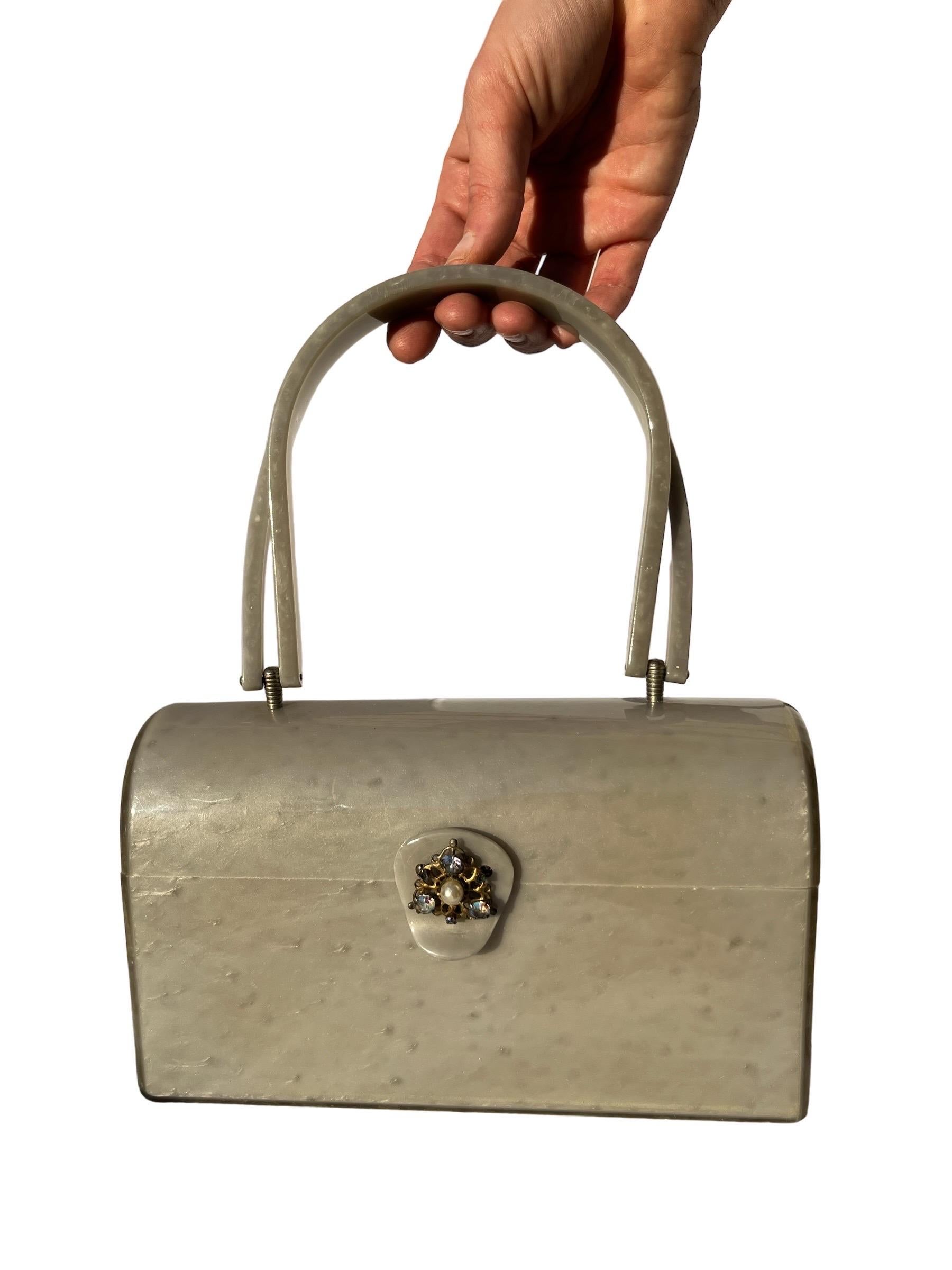 1960s Silver Marbled Lucite Box Purse Handbag w/ Rhinestones 1
