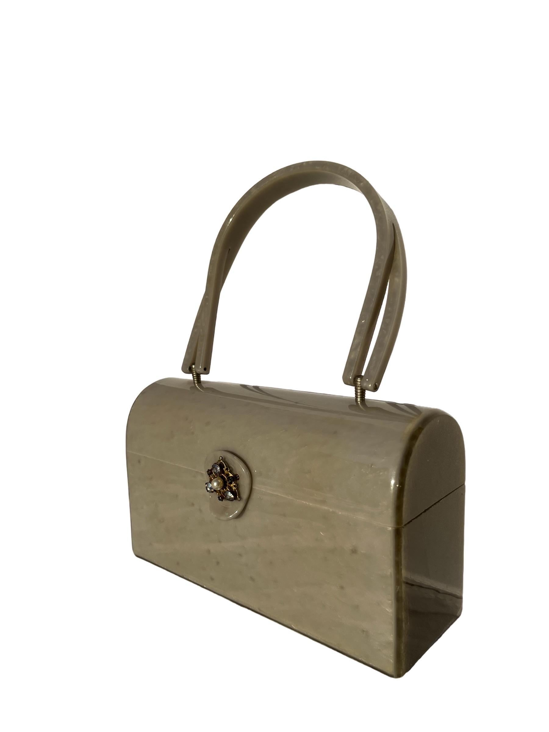 1960s Silver Marbled Lucite Box Purse Handbag w/ Rhinestones 2