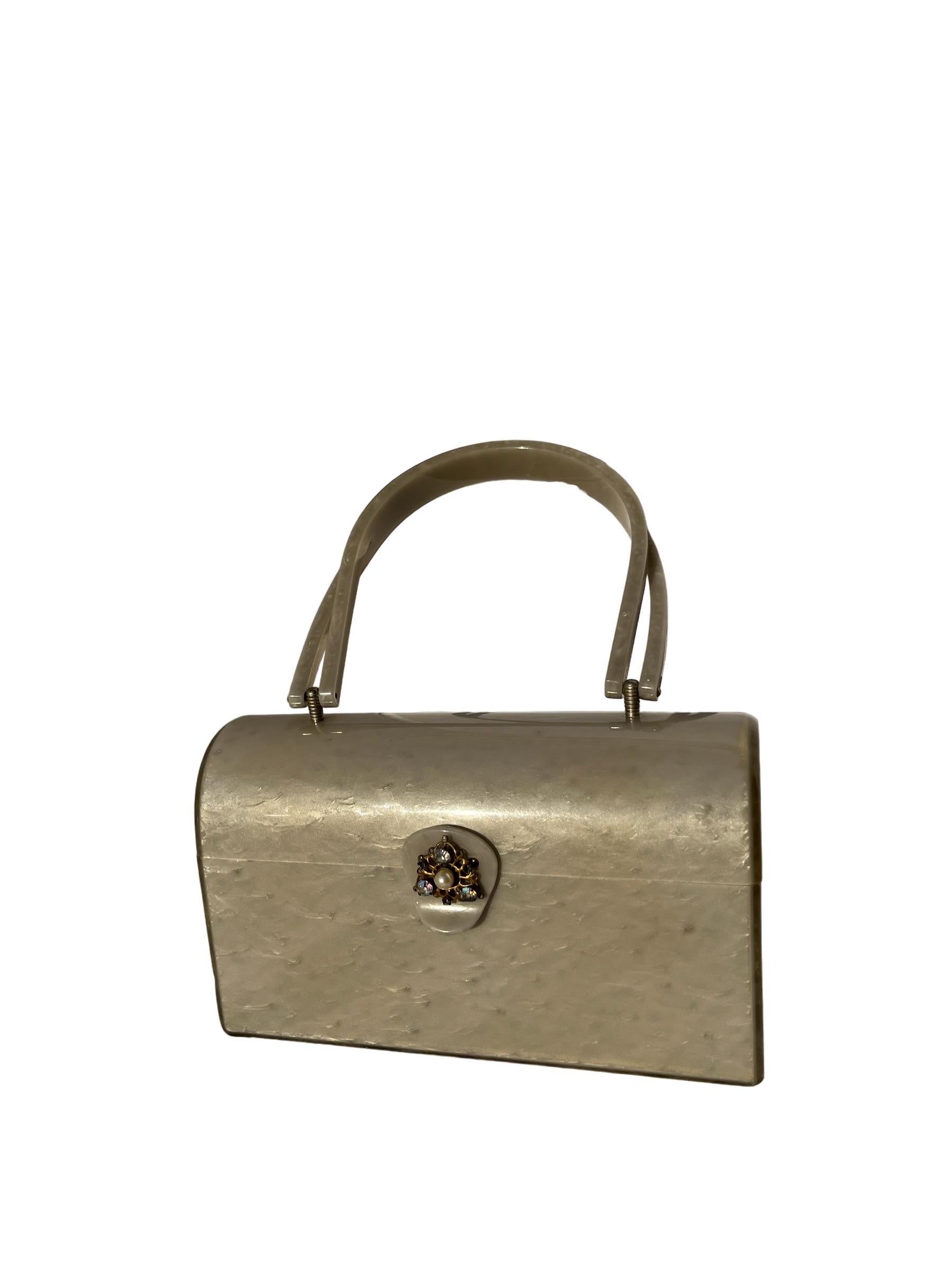 1960s Silver Marbled Lucite Box Purse Handbag w/ Rhinestones 3