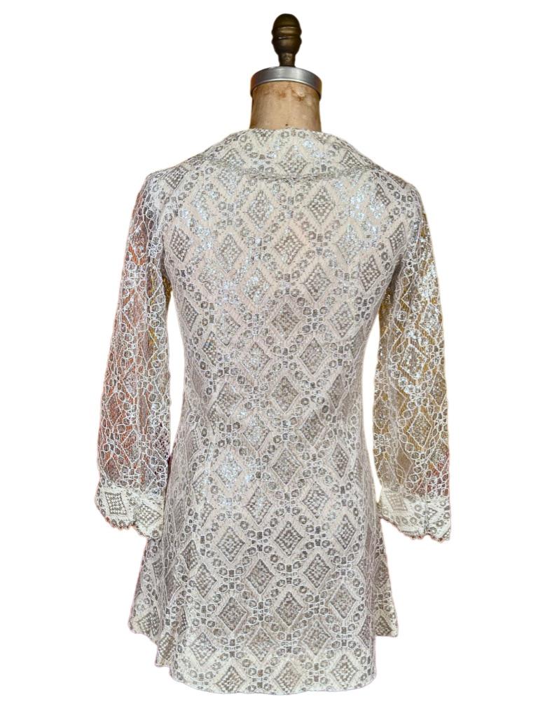Women's 1960’s Silver Metallic Lace Mini Dress For Sale