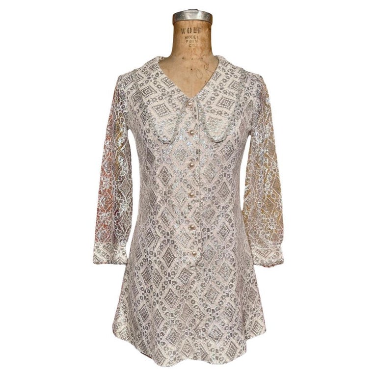 1960’s Silver Metallic Lace Mini Dress For Sale at 1stDibs