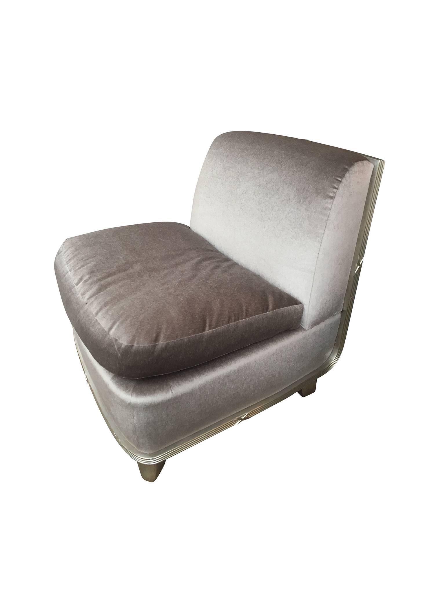 Hand-Painted 1960s Silver Mohair Lounge Chair in the Style of James Mont