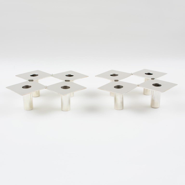 Mid-Century Modern Silver Plate Candlestick Candleholder, a pair by Donna Detmer, 1960s For Sale